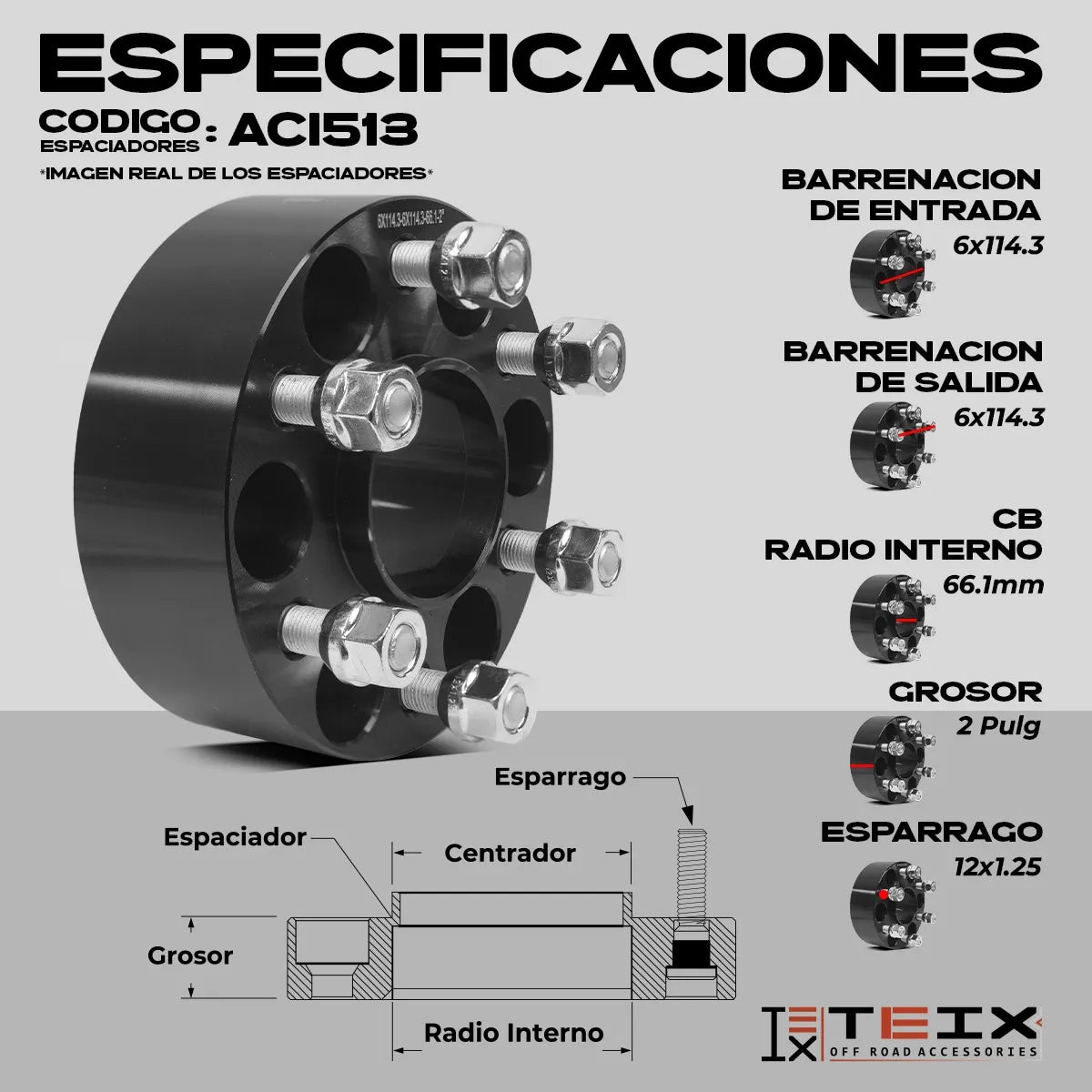 KIT ESPACIADORES 2" 6/114 LLANTA CB66.1 12X1.5 PARA NISSAN NP300 FRONTIER 2016-2023