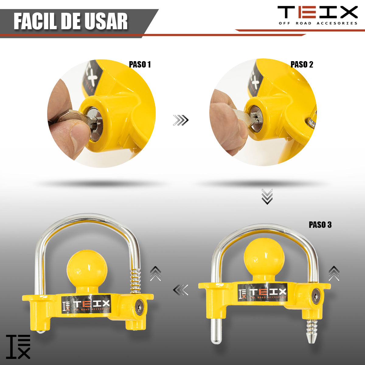 CANDADO PARA ACOPLE DE REMOLQUE PARA BOLA 1- 7/8" A 2-5/16" TEIX AMARILLO