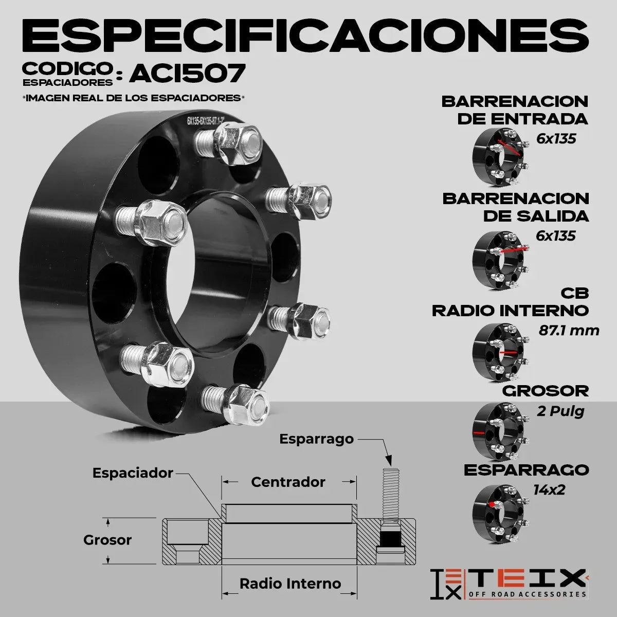 KIT ESPACIADORES De Rin 6x135 De 2PULG De Ancho PARA FORD LOBO 2004-2014 (CENTRADOR)