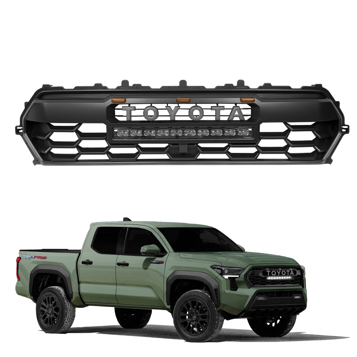 Parrilla Tacoma Trd Pro Con Barra LED y 3 LED Ambar Para Toyota Tacoma 2024 AL 2030 Nueva Linea