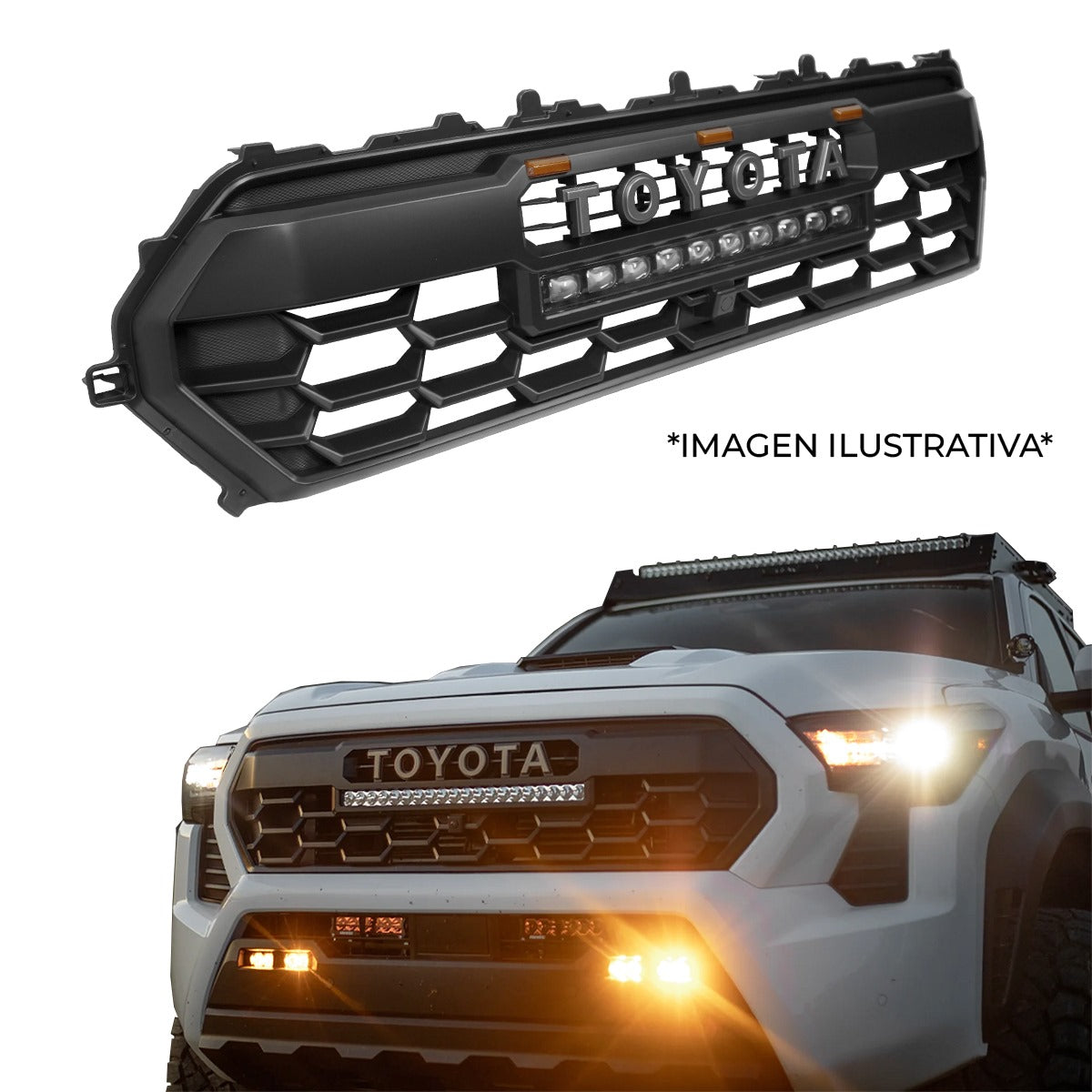 Parrilla Tacoma Trd Pro Con Barra LED y 3 LED Ambar Para Toyota Tacoma 2024 AL 2030 Nueva Linea
