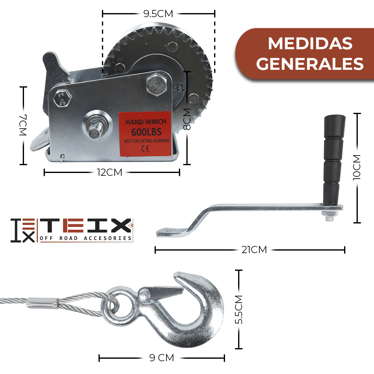 MALACATE WINCH MECÁNICO MANIVELA CABLE ACERO 600 LBS TEIX