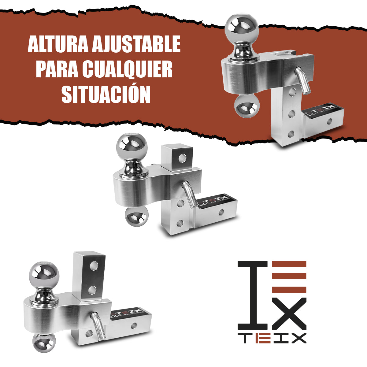 TIRON COPLE ACOPLE DE REMOLQUE AJUSTABLE ACERO CON DOBLE BOLA 2 " DROP 6" ANONIZADO TEIX