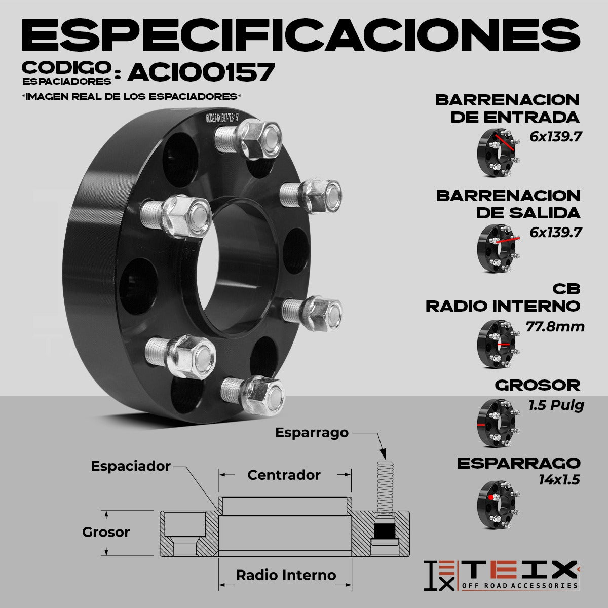 KIT ESPACIADORES 1.5"  6X139.7 LLANTA CB77.8 14X1.5 PARA RAM 1500 2019-2024/ RAM 1500 TRX 2021-2024