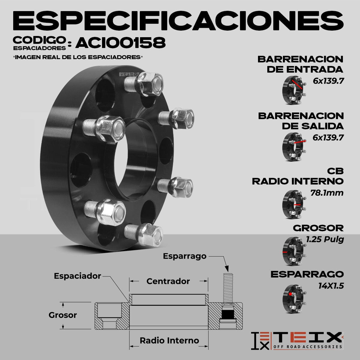 KIT ESPACIADORES 1.25"  6X139.7 LLANTA CB78.1 14X1.5 PARA CHEVROLET SILVERADO 2000-2021/ CHEVROLET TAHOE 2007-2021/ GMC SIERRA 2000-2021