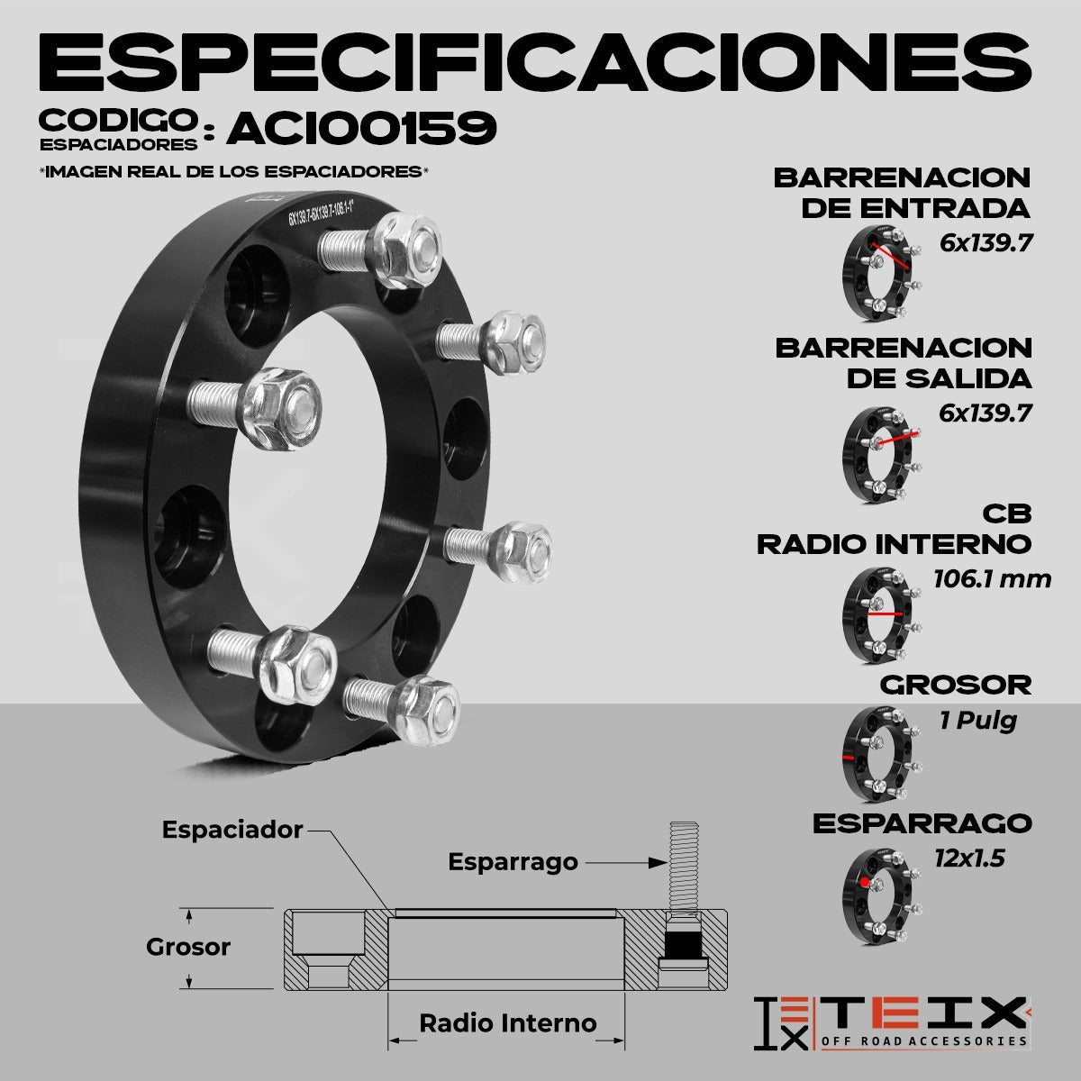 Kit Espaciadores Jac Frison T8 2018-2024/ TOYOTA FJ CRUSIER 2007-2014/ TOYOTA HILUX 2005-2021/ TOYOTA TACOMA 2005-2021 6x139.7 1 PuLG (SIN CENTRADOR)