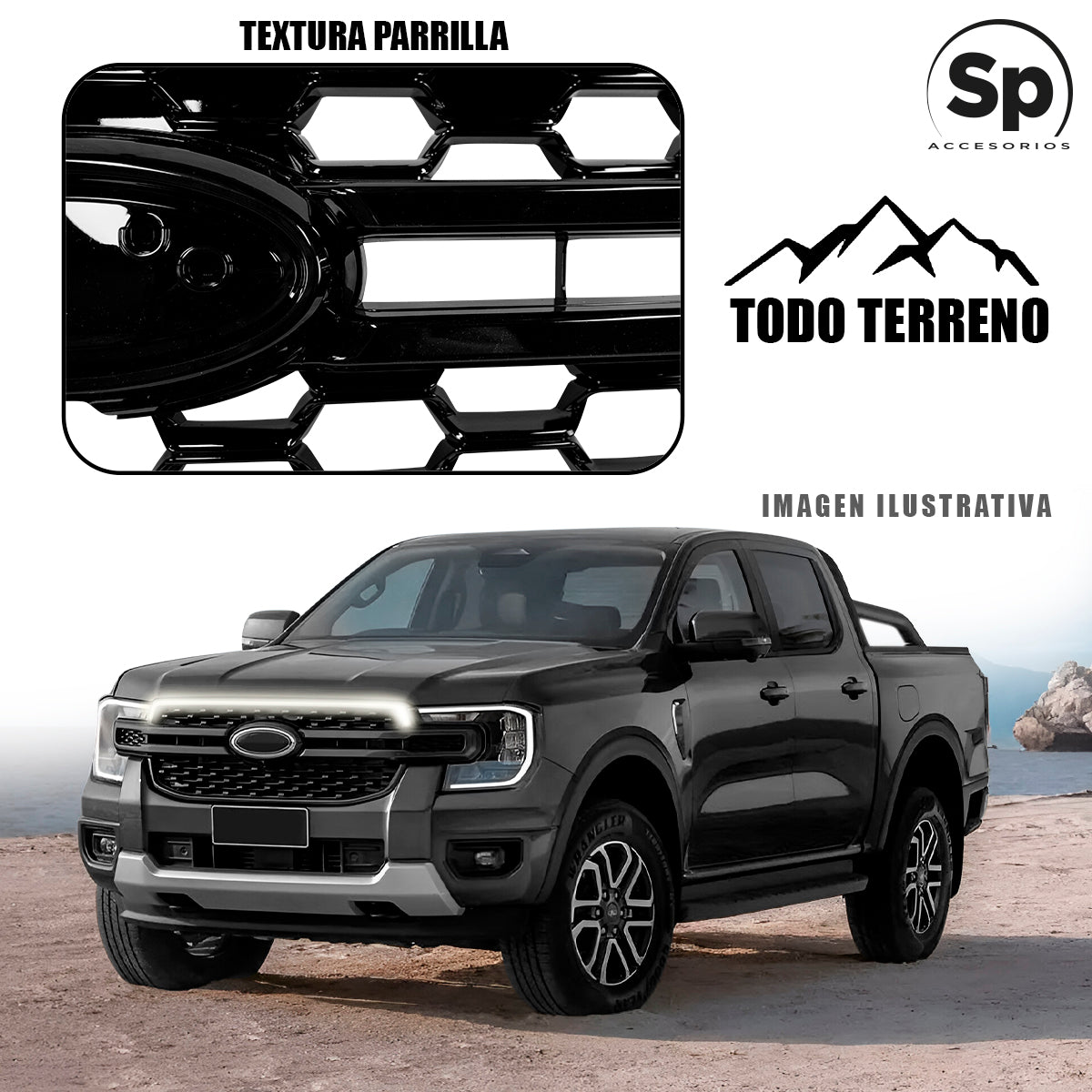 PARRILLA CON BANDA LUZ LED PARA FORD RANGER LINEA NUEVA 2024