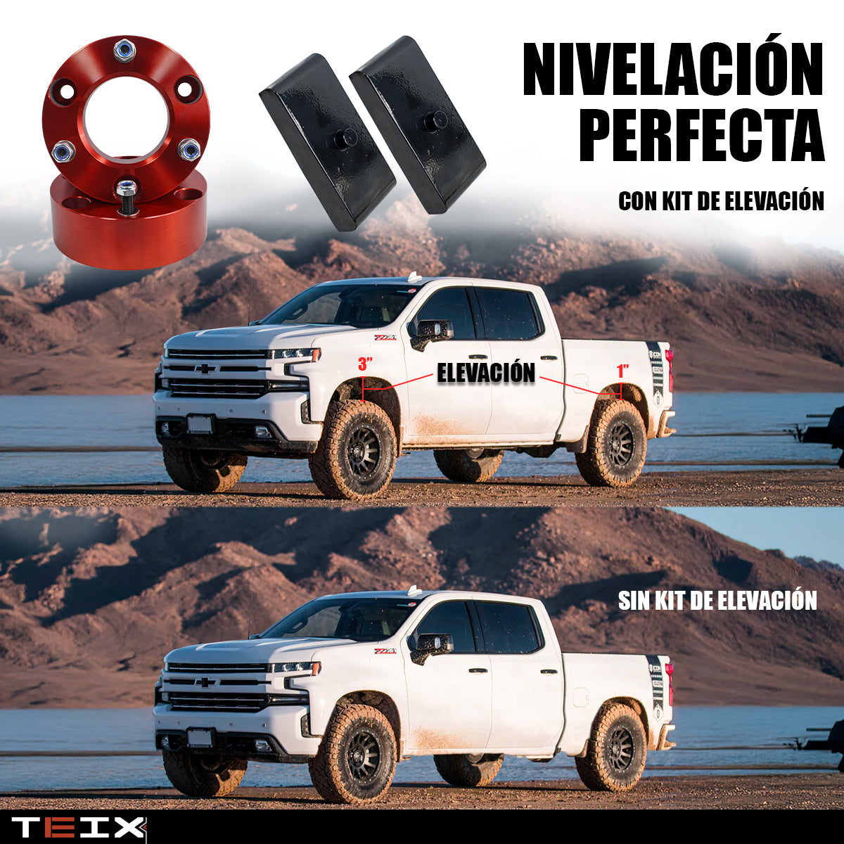 KIT DE ELEVACION CHEVROLET GMC SILVERADO/SIERRA 1500 3 PULGADAS DELANTERO + 1 PULGADA TRASERO 2007-2019