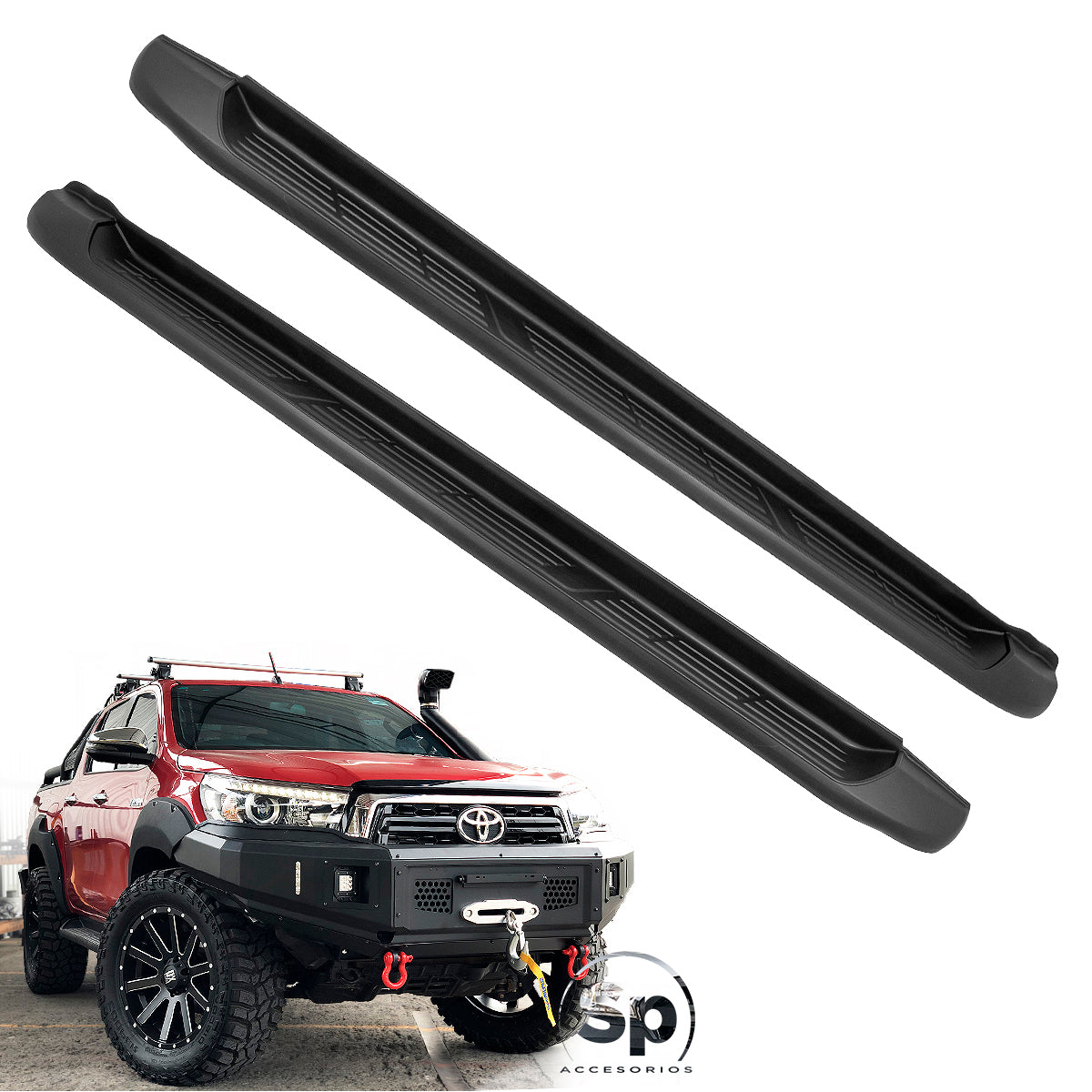 ESTRIBOS LATERALES TIPO OEM PARA TOYOTA HILUX 2016-2023 DOBLE CABINA