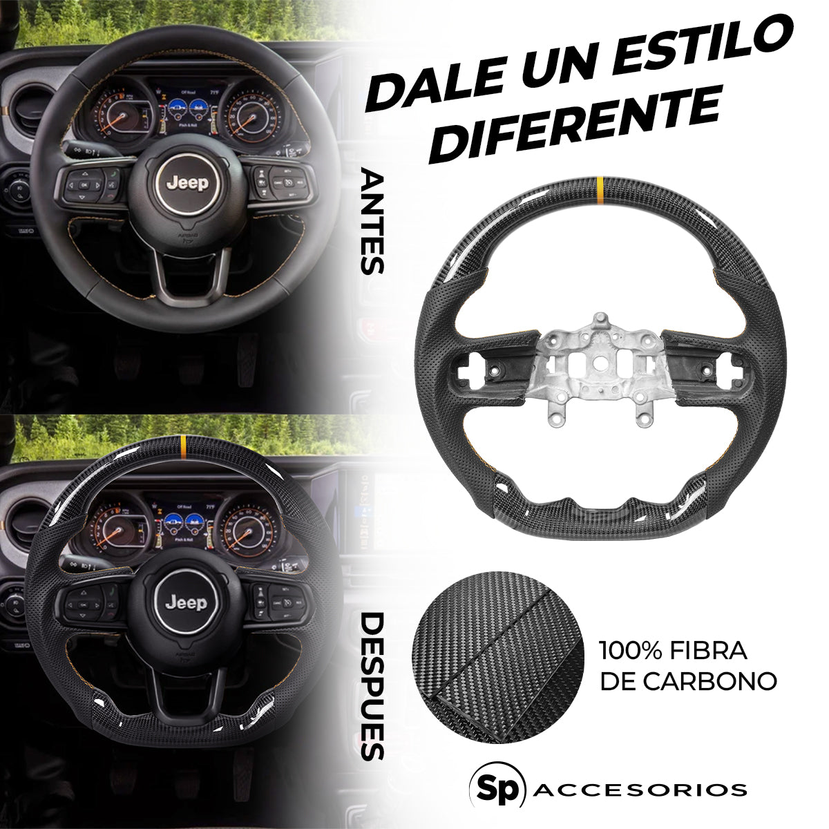 VOLANTE DE FIBRA DE CARBONO CON CUERO PERFORADO LINEA NARANJA PARA JEEP JL Y JEEP GLADIADOR