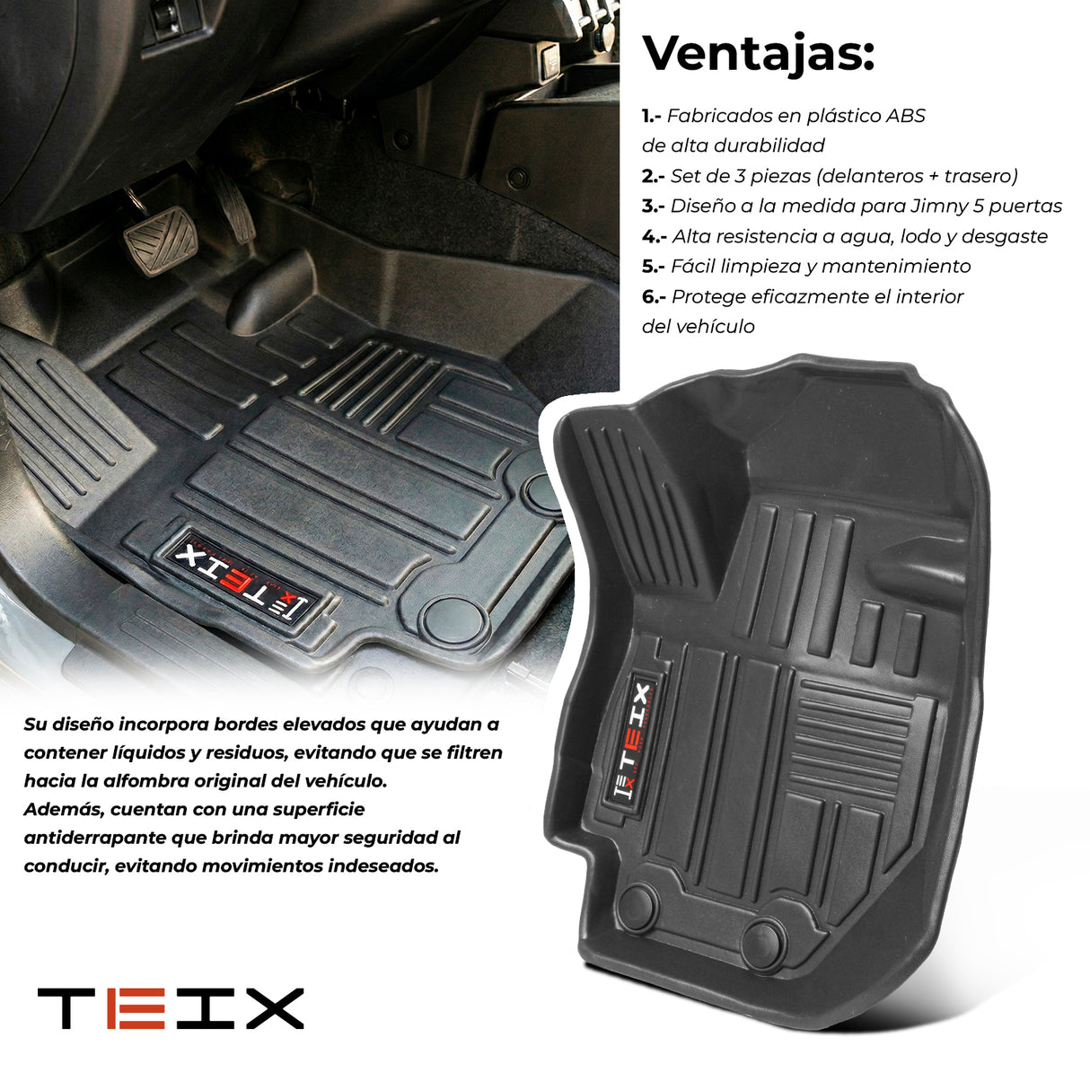TAPETES  DELANTEROS Y TRASEROS  ABS USO RUDO TEIX PARA SUZUKI JIMNY 2019 - 2023 AUTOMATICO