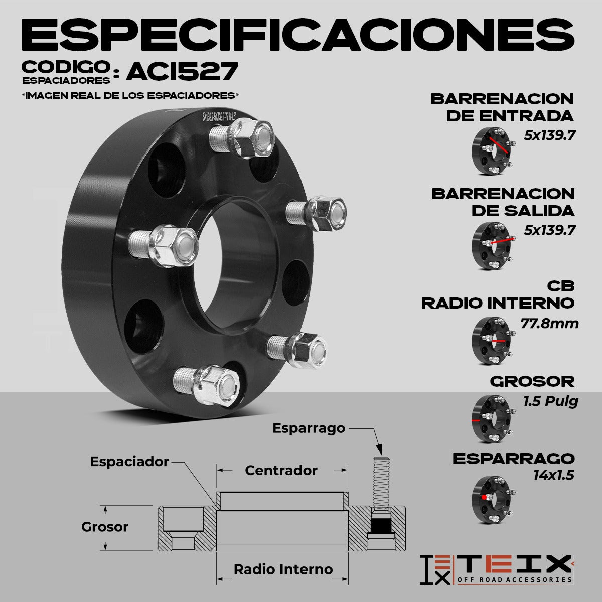 Kit Espaciadores Para RAM 1500 2013-2022 1.5 PuLG 5/139.7 Cb77.8 (CENTRADOR)