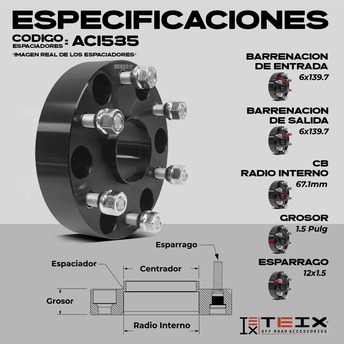 KIT ESPACIADORES PARA MITSUBISHI Montero 99-2022/ MITSUBISHI L200 2015-2022/ FIAT FULLBACK 2016-2019 1.5" 6/139 LLANTA CB67.1MM 12X1.5