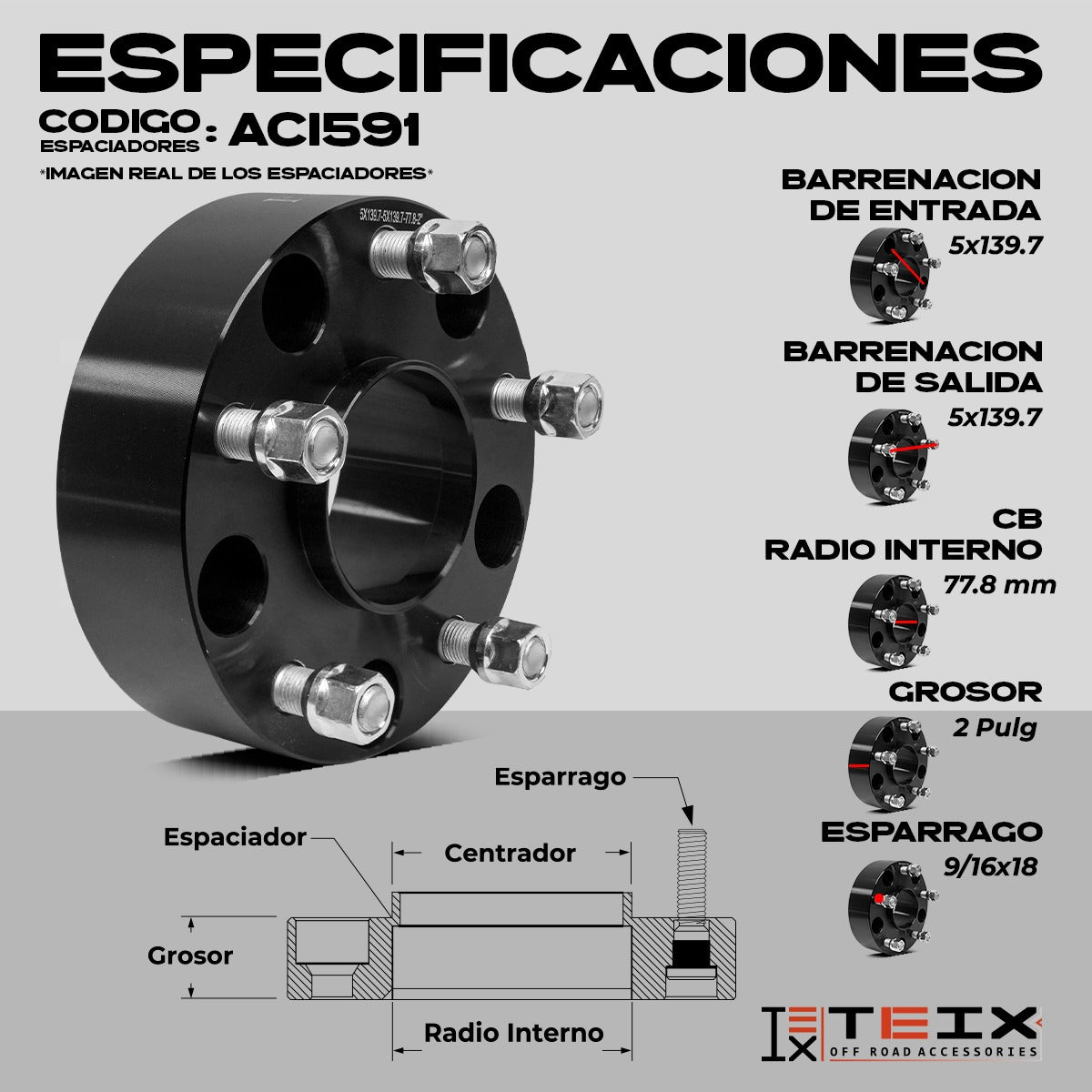 KIT ESPACIADORES 2"  5X139.7 LLANTA CB77.8 16/9