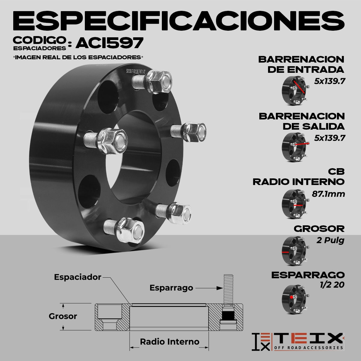 KIT ESPACIADORES 2"  5X139.7 LLANTA CB87.1  1/2X20