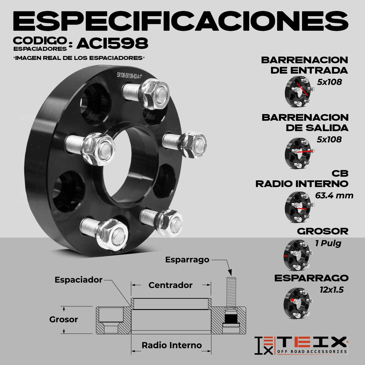 KIT ESPACIADORES 1" 5X108  PARA FORD BRONCO SPORT 2021 - 2023 LLANTA CB 63.4MM 12X1.5