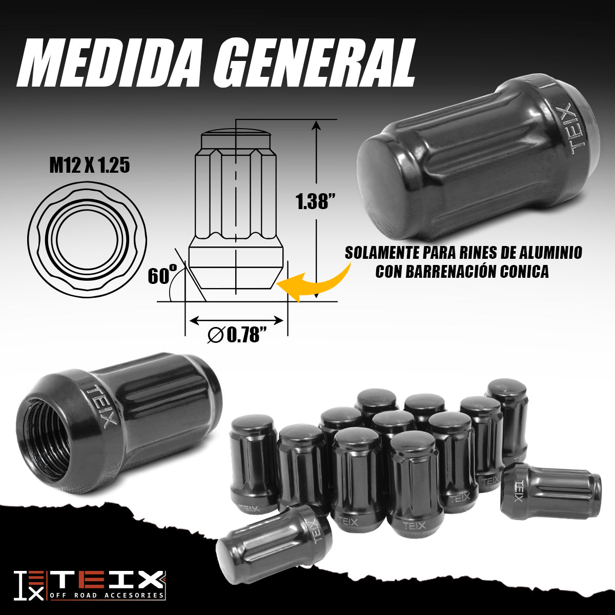 TUERCA LARGA RIN NEGRA BIRLOS SEGURIDAD TEIX M 12X1.25 24PZ