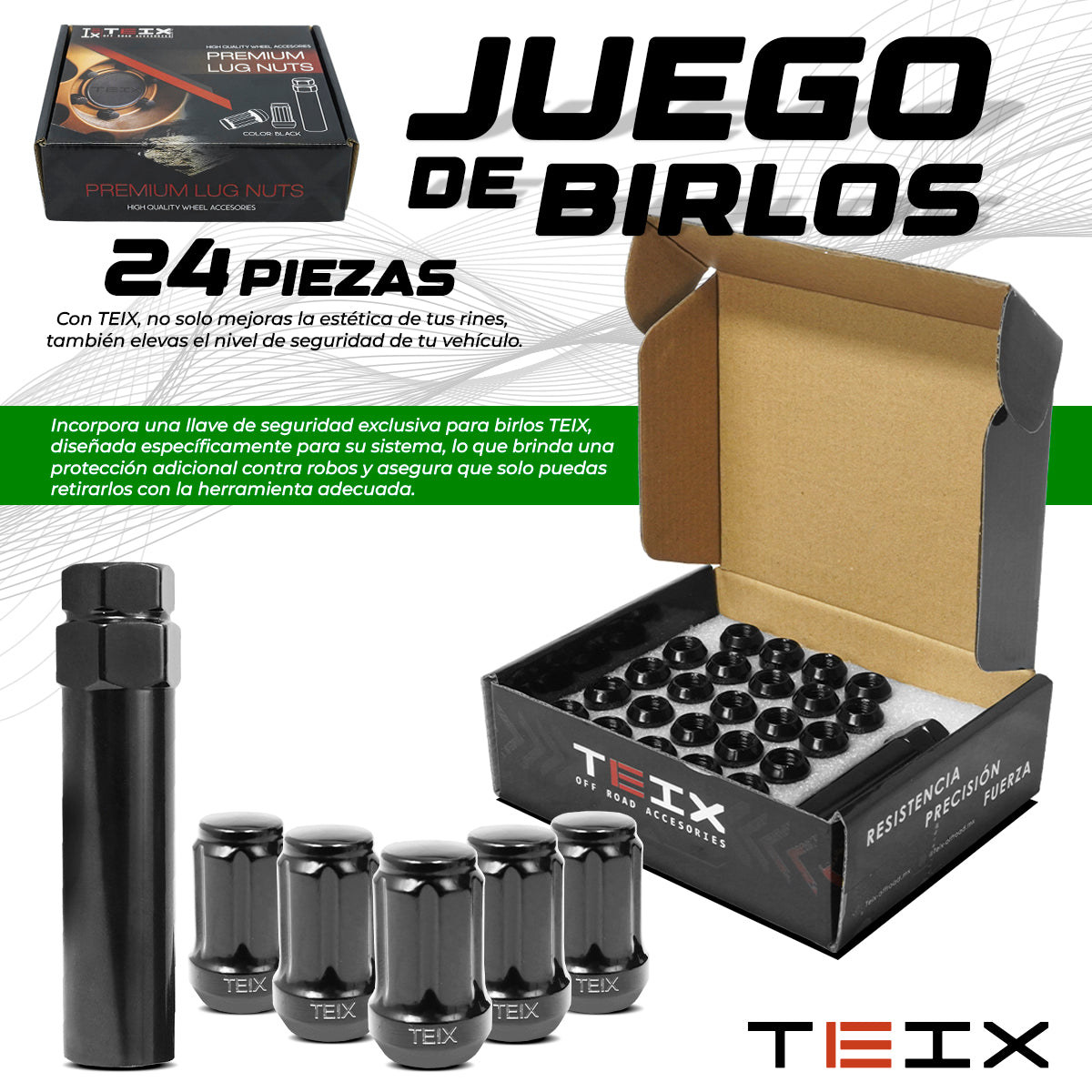 TUERCAS BIRLOS 12X1.5 24PZ SEGURIDAD TEIX OFF ROAD NEGROS
