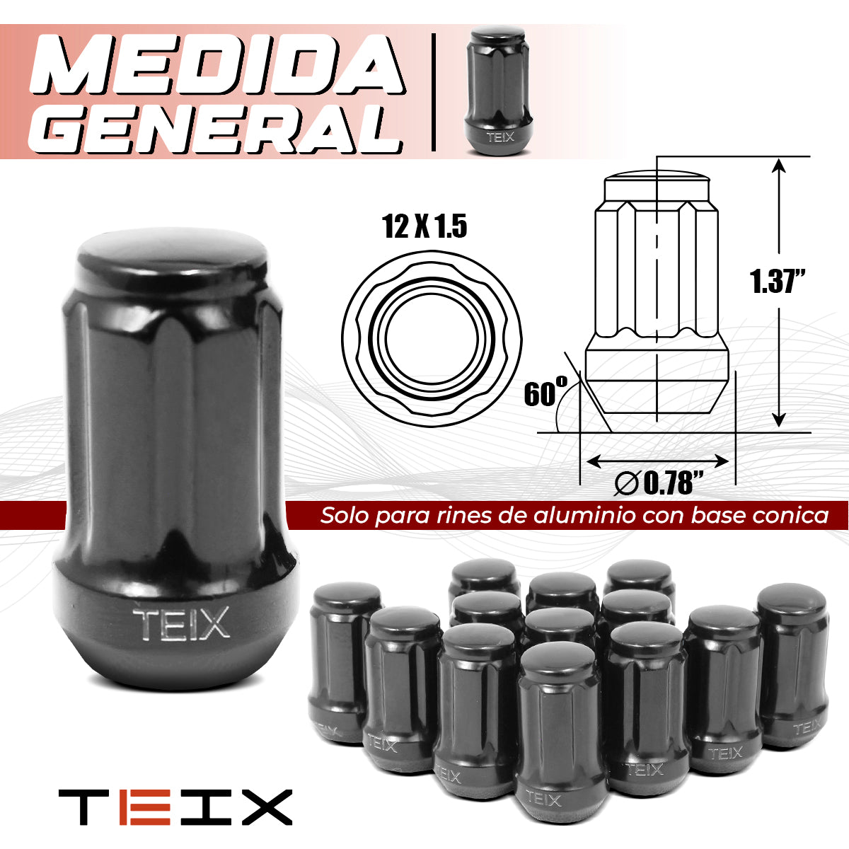 TUERCAS BIRLOS 12X1.5 24PZ SEGURIDAD TEIX OFF ROAD NEGROS