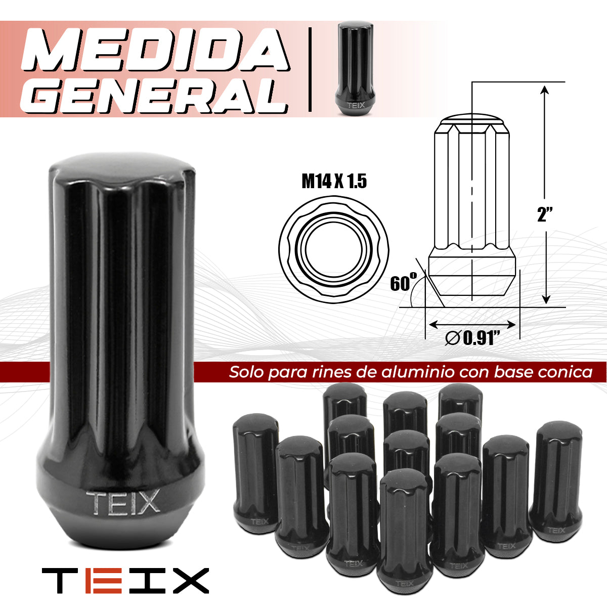 TUERCAS BIRLOS 14X1.5 24PZ SEGURIDAD TEIX OFF ROAD NEGROS