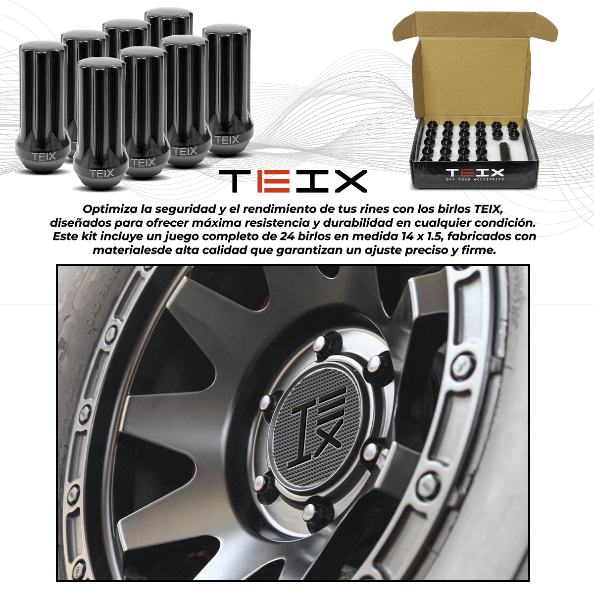TUERCAS BIRLOS 14X1.5 24PZ SEGURIDAD TEIX OFF ROAD NEGROS