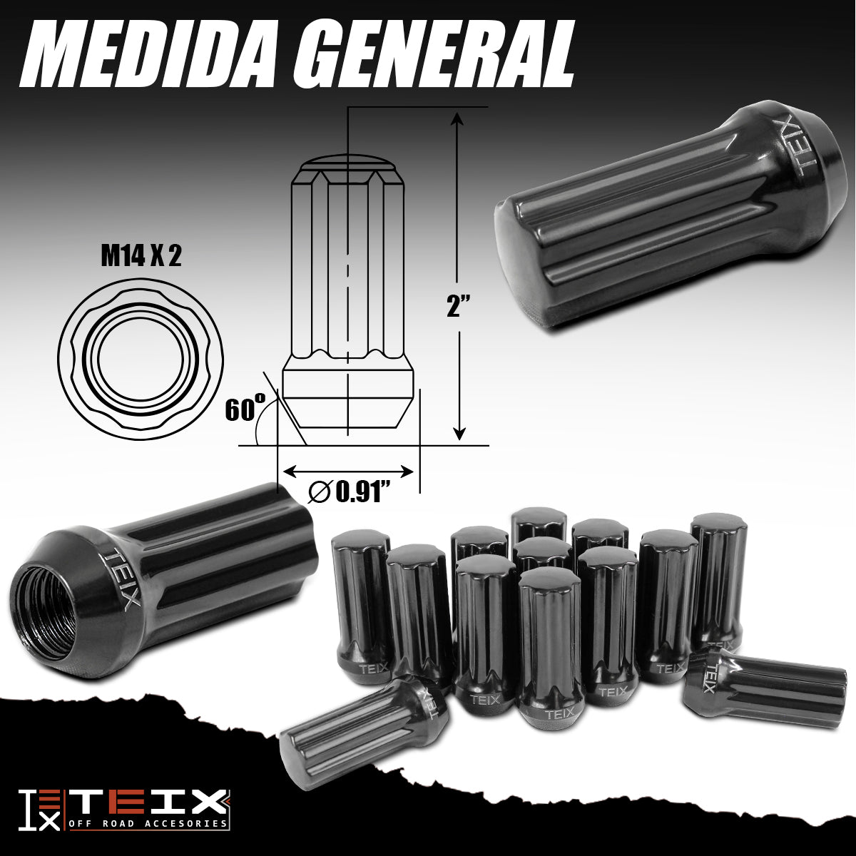 TUERCA LARGA RIN NEGRA BIRLOS SEGURIDAD TEIX M 14X2 24PZ