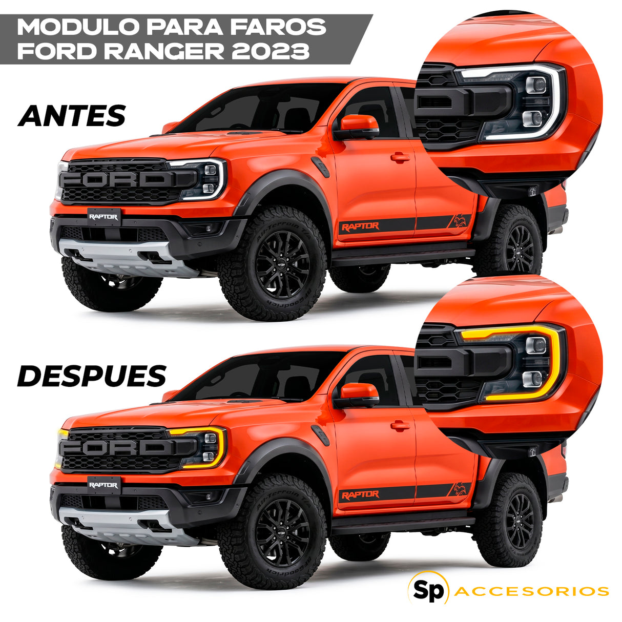 MODULO CHIP PARA FAROS PRINCIPALES FORD RANGER RAPTOR 23/2026 DE BLANCO DRL A AMBAR