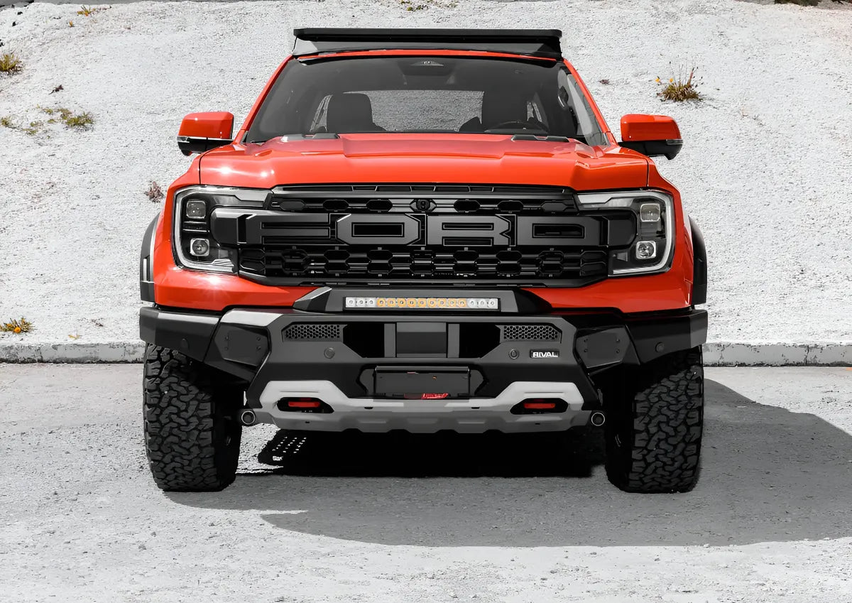 DEFENSA DELANTERA DE ALUMINIO CON PORTA WINCH RIVAL OFF ROAD SIN LED PARA RANGER RAPTOR 2022-2026