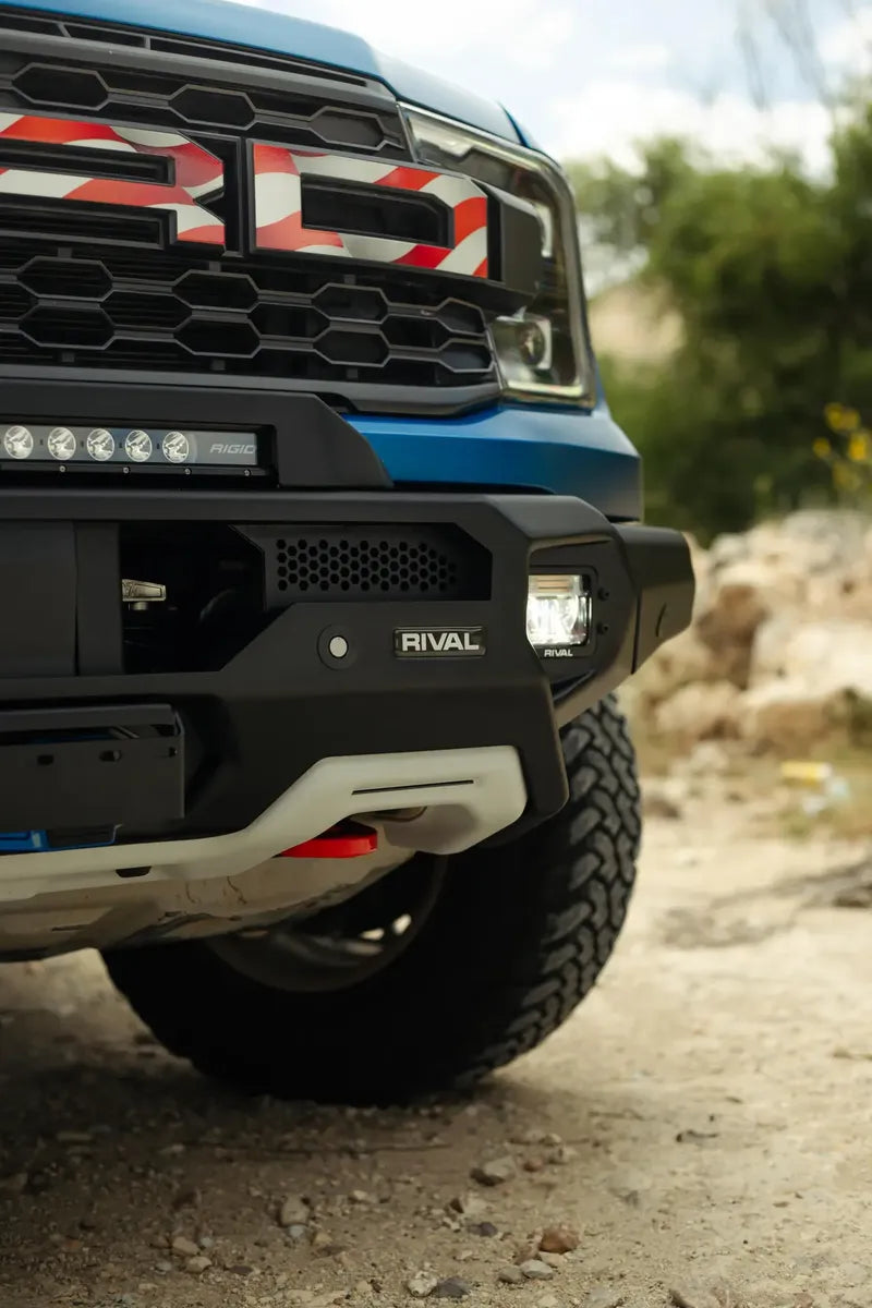 DEFENSA DELANTERA DE ALUMINIO CON PORTA WINCH RIVAL OFF ROAD SIN LED PARA RANGER RAPTOR 2022-2026
