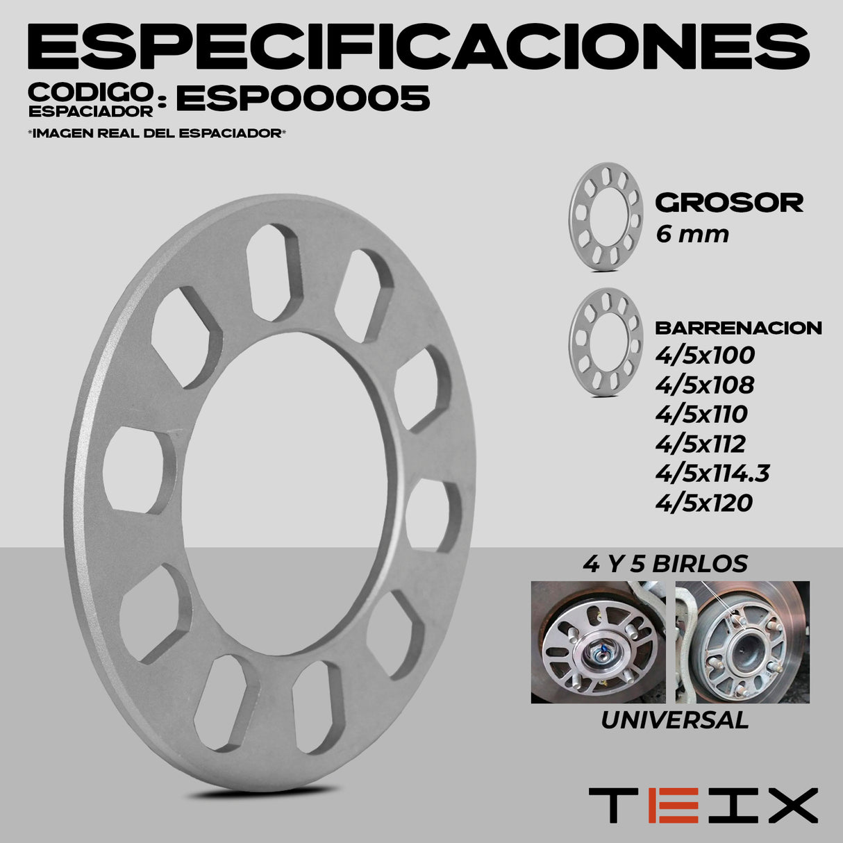 Espaciador Universal 6mm 4/5x100x108x110x112x114.3x120