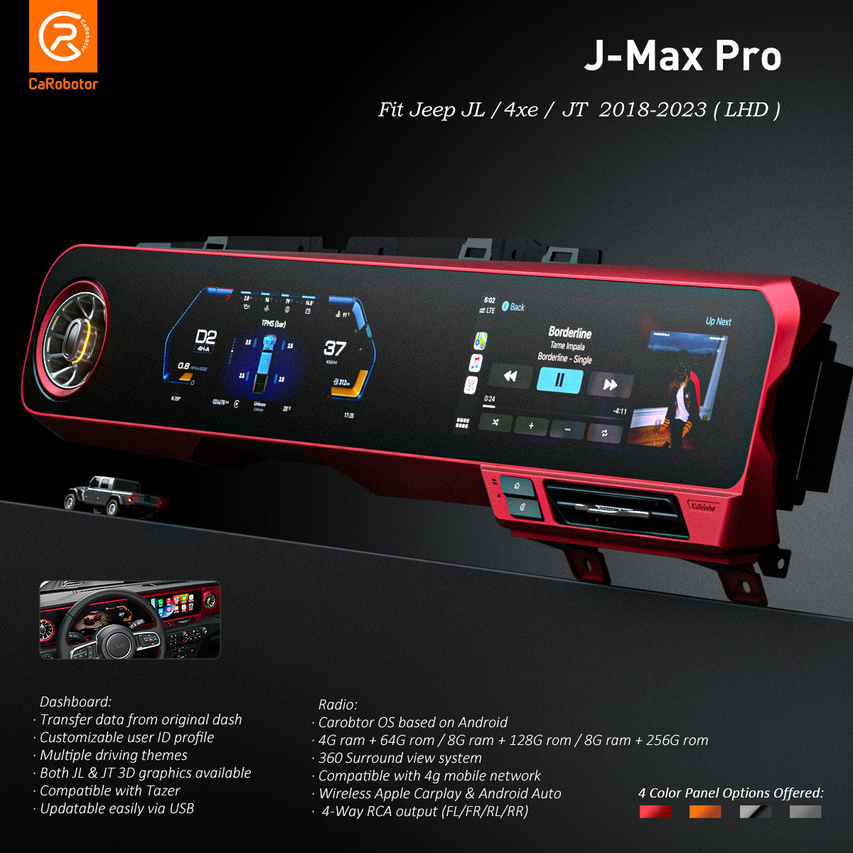 Pantalla Dashboard Digital Carobotor JEEP WRANGLER JL-JT 4XE LHD 2018-2023/ 2025 Naranja