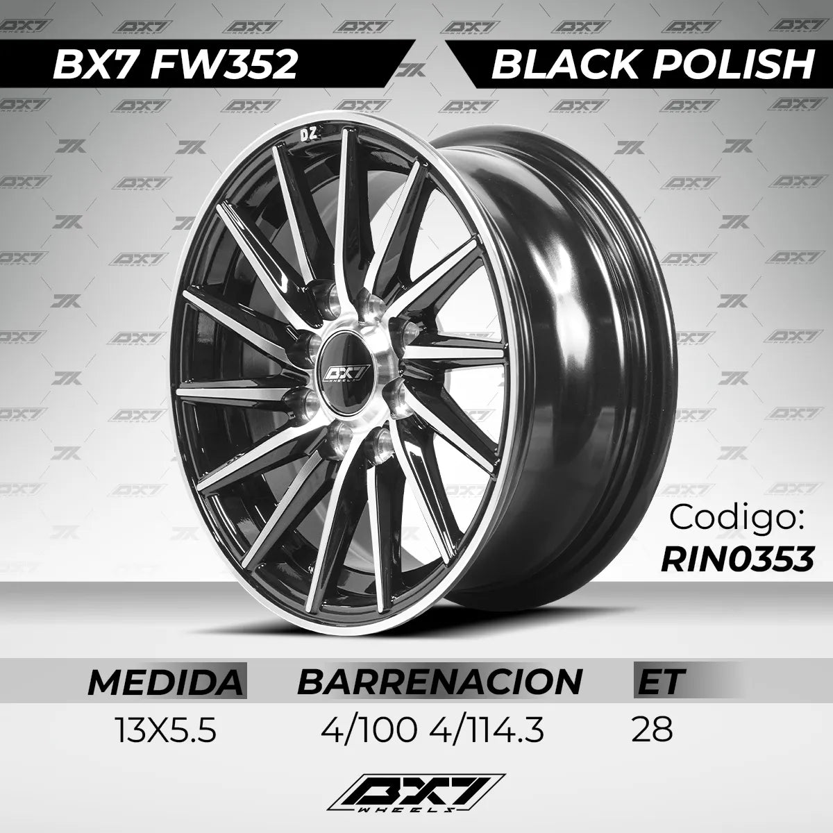 RINES BX7 FW3 13 4X100X114.3/ ET28/ CB 73.1/ BLACK POLISH FACE & LIP