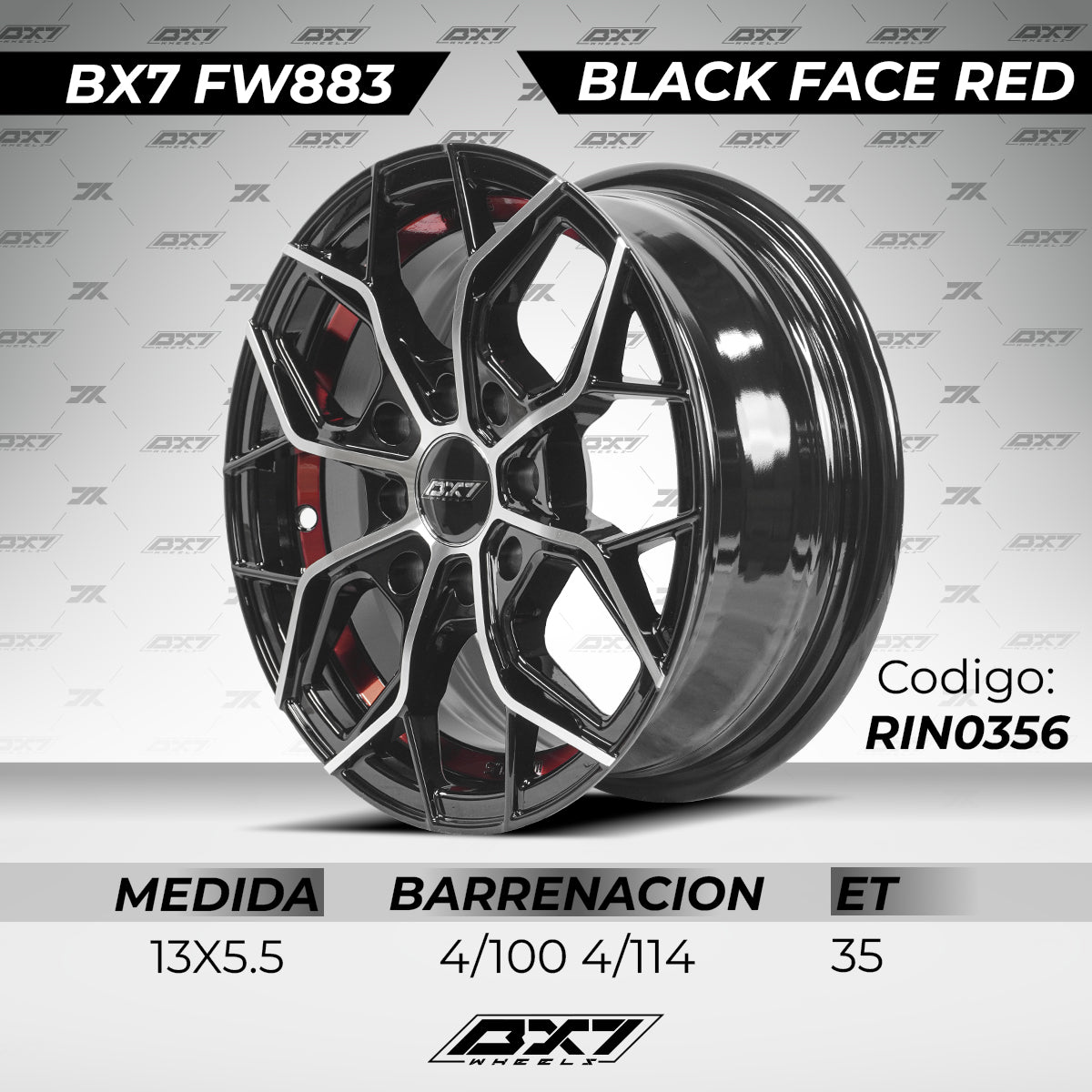 RINES BX7 FW8 13 4X100/114.3/  ET 35/ CB 73.1/  BLACK WITH FACE AND LIP MACHINED+RED UNDER CUT