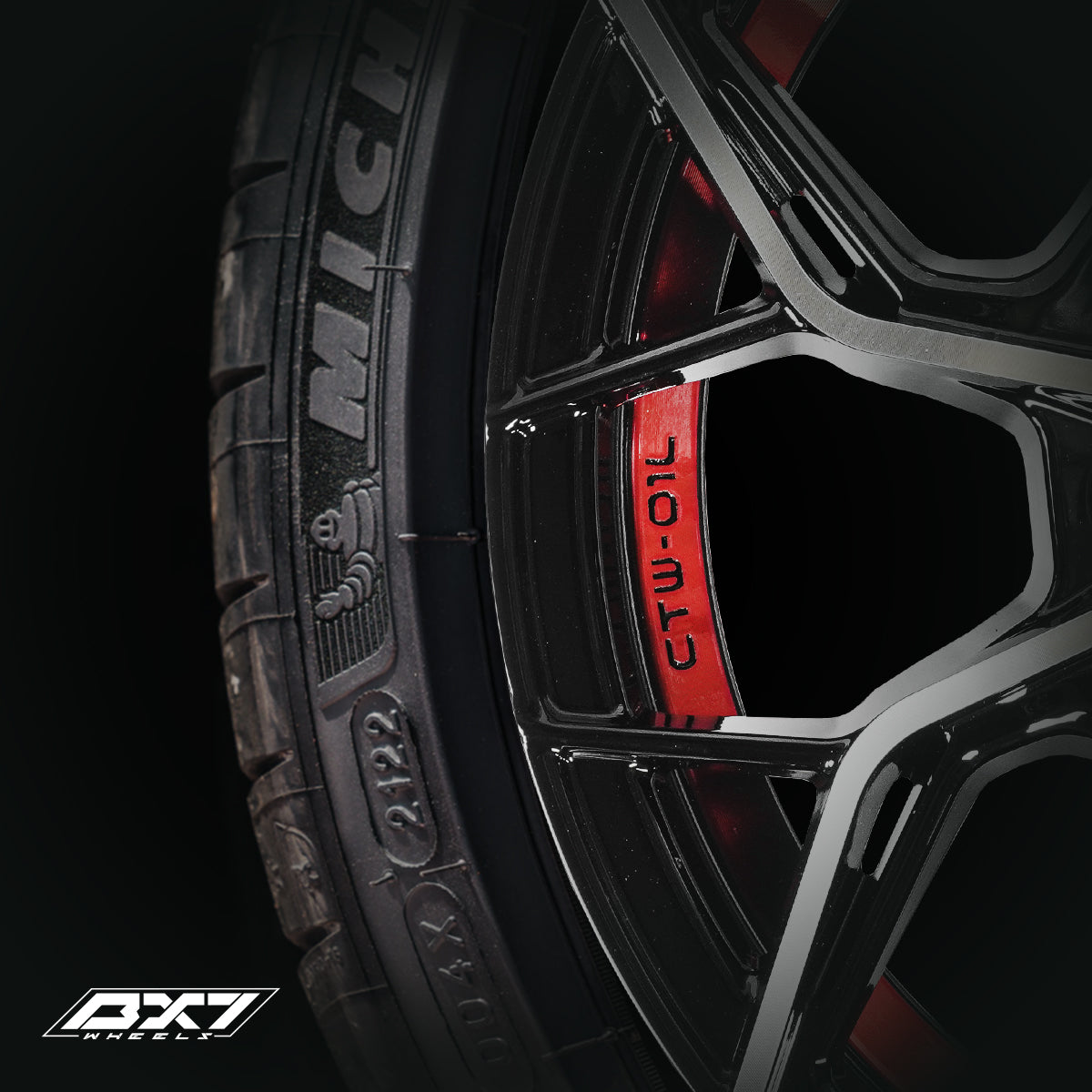 RINES BX7 FW8 13 4X100/114.3/  ET 35/ CB 73.1/  BLACK WITH FACE AND LIP MACHINED+RED UNDER CUT