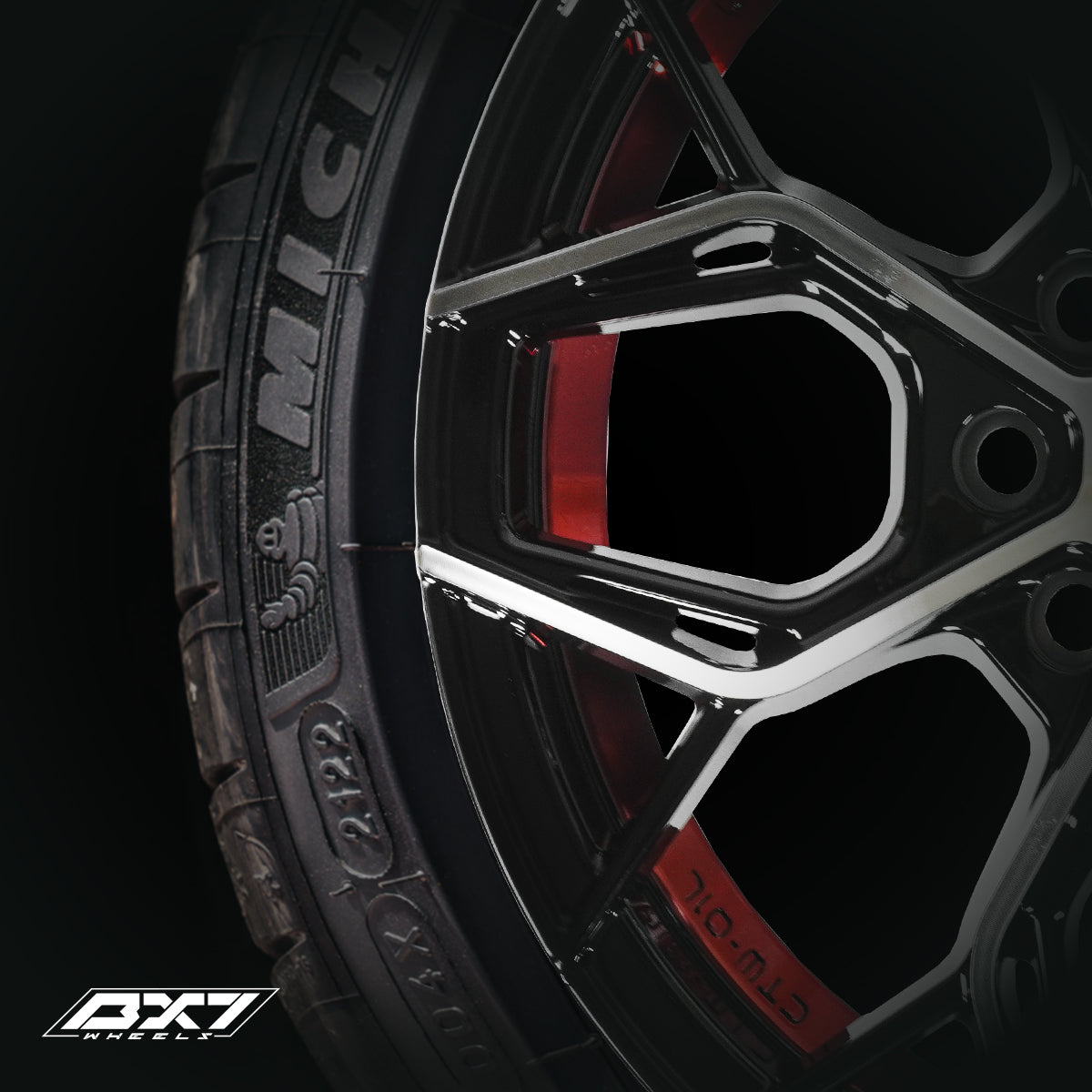 RINES BX7 FW8 14 4X100/108 / ET 35/ CB 73.1/  BLACK WITH FACE AND LIP MACHINED+RED UNDER CUT