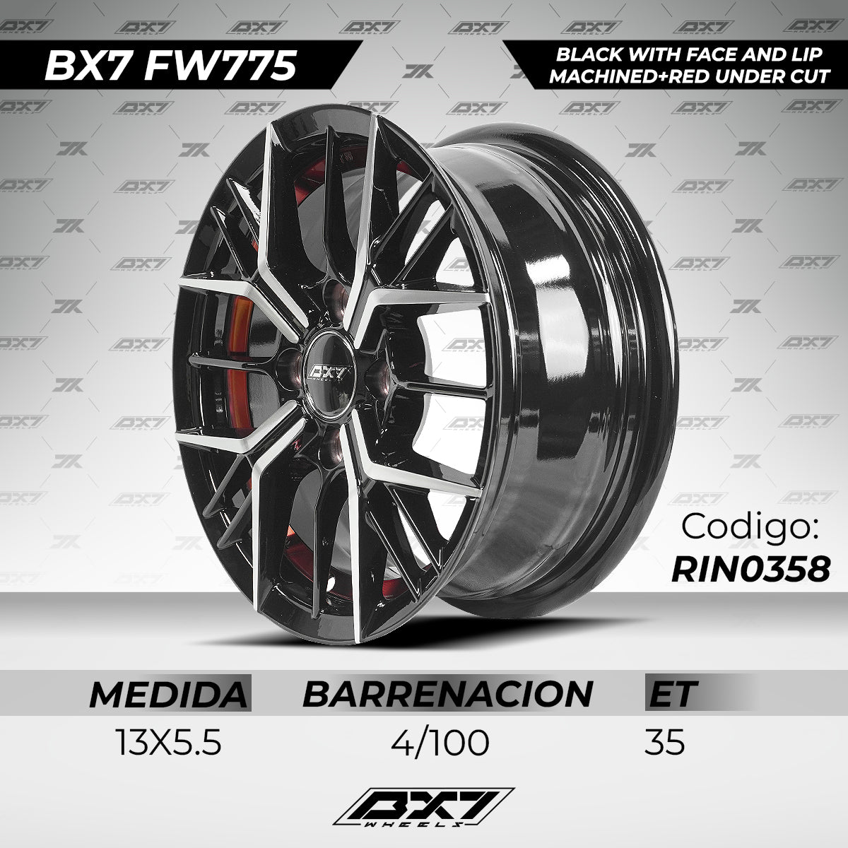 RINES BX7 FW7 13 4X100/ ET 35/ CB 73.1/ BLACK WITH FACE AND LIP MACHINED+RED UNDER CUT