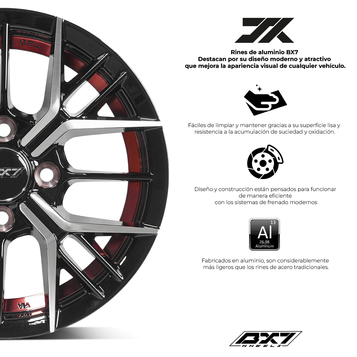 RINES BX7 FW7 13 4X100/ ET 35/ CB 73.1/ BLACK WITH FACE AND LIP MACHINED+RED UNDER CUT