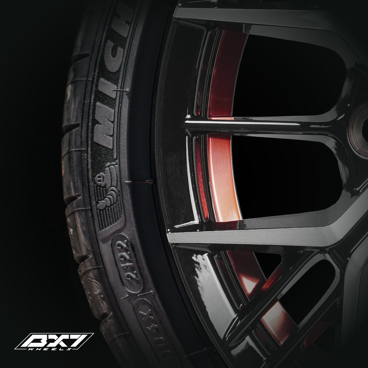 RINES BX7 FW7 13 4X100/ ET 35/ CB 73.1/ BLACK WITH FACE AND LIP MACHINED+RED UNDER CUT