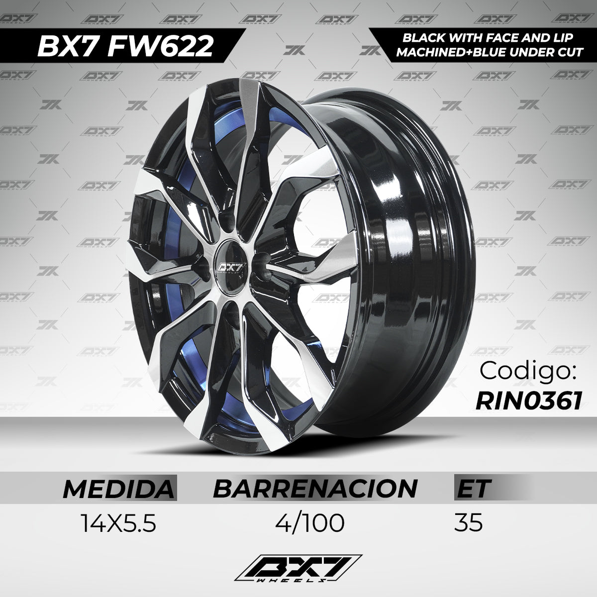 RINES BX7 FW6 14 4X100 / ET 35/ CB 73.1/ BLACK WITH FACE AND LIP MACHINED+BLUE UNDER CUT