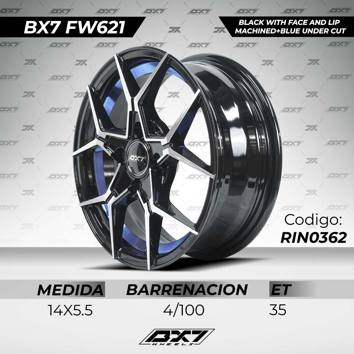 RINES BX7 FW6 14 4X100/ ET 35/ CB 73.1/  BLACK WITH FACE AND LIP MACHINED+BLUE UNDER CUT