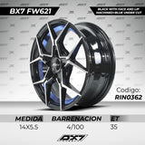 RINES BX7 FW6 14 4X100/ ET 35/ CB 73.1/  BLACK WITH FACE AND LIP MACHINED+BLUE UNDER CUT