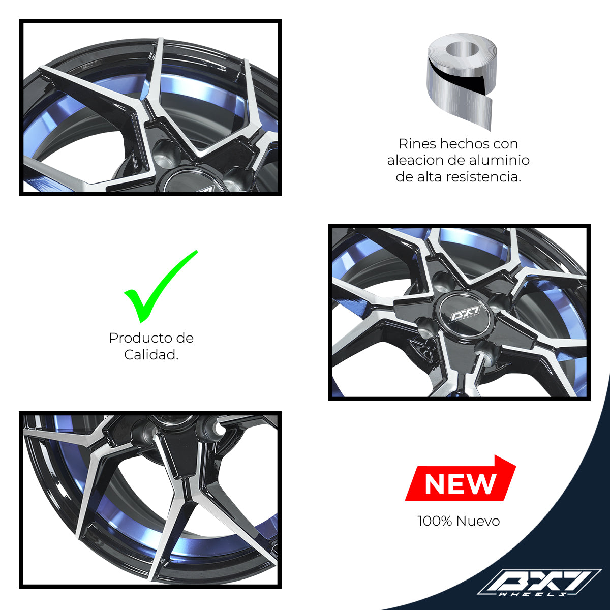 RINES BX7 FW6 14 4X100/ ET 35/ CB 73.1/  BLACK WITH FACE AND LIP MACHINED+BLUE UNDER CUT