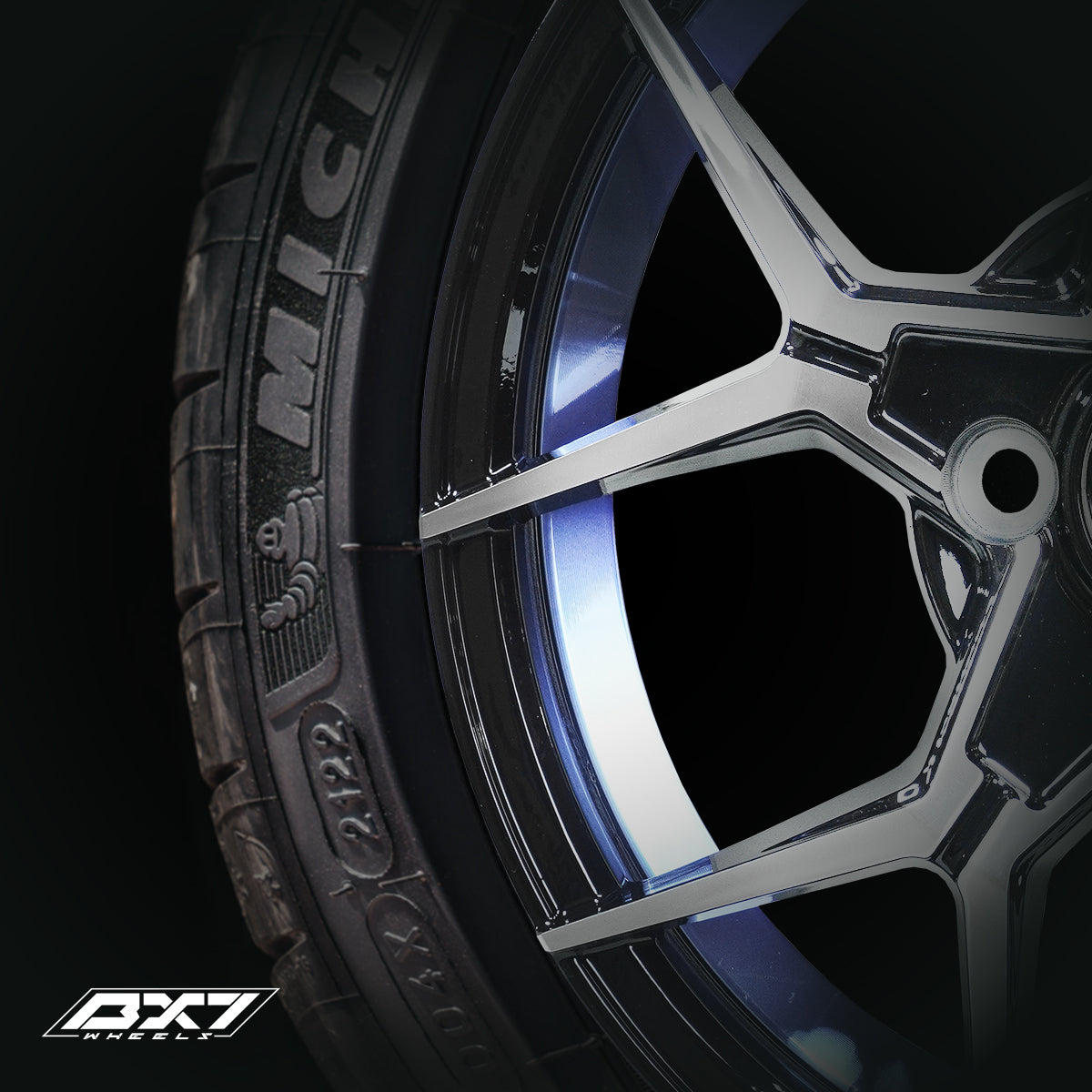 RINES BX7 FW6 14 4X100/ ET 35/ CB 73.1/  BLACK WITH FACE AND LIP MACHINED+BLUE UNDER CUT