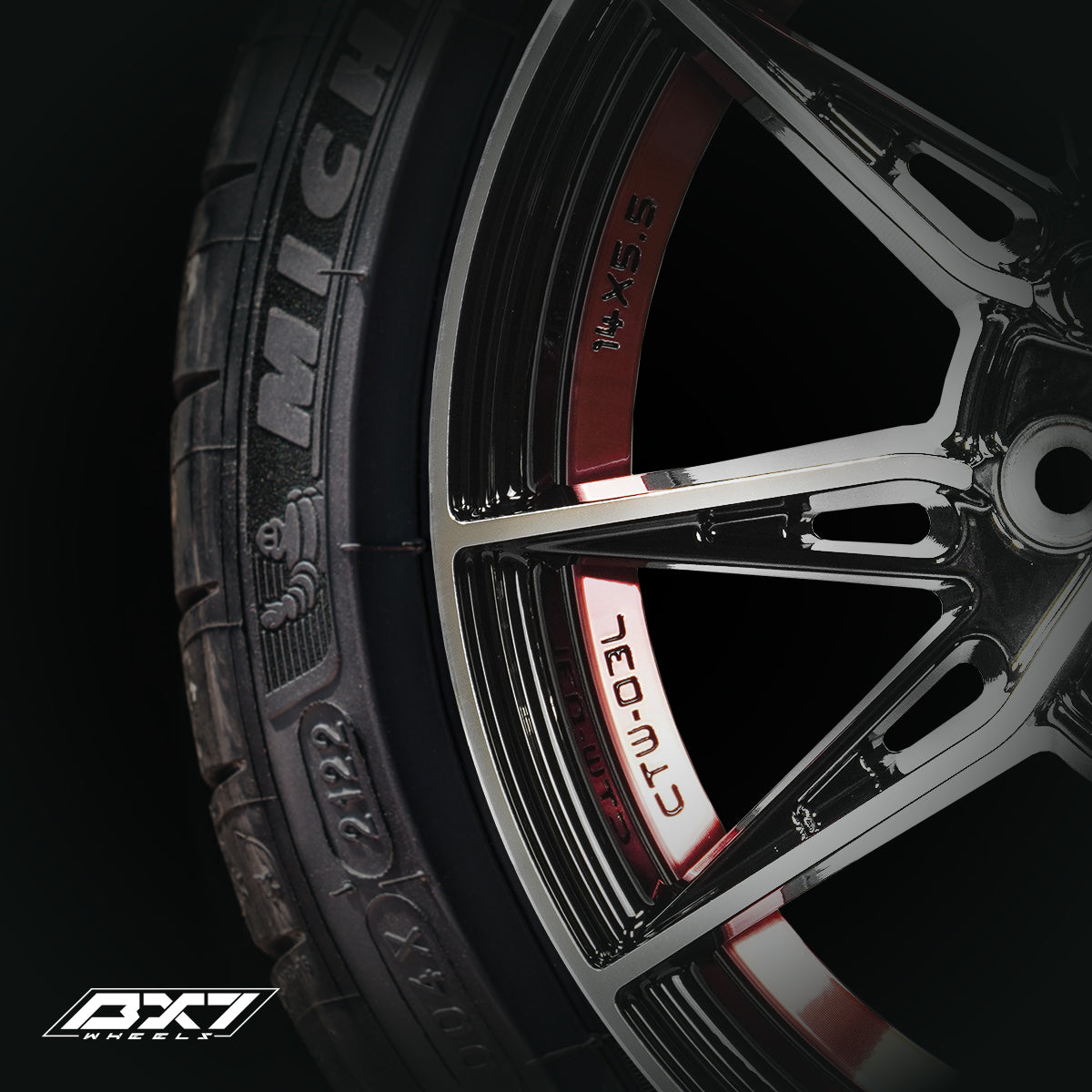 RINES BX7 FW3 14 4X100/ ET 35/ CB 73.1/ BLACK WITH FACE AND LIP MACHINED+RED UNDER CUT