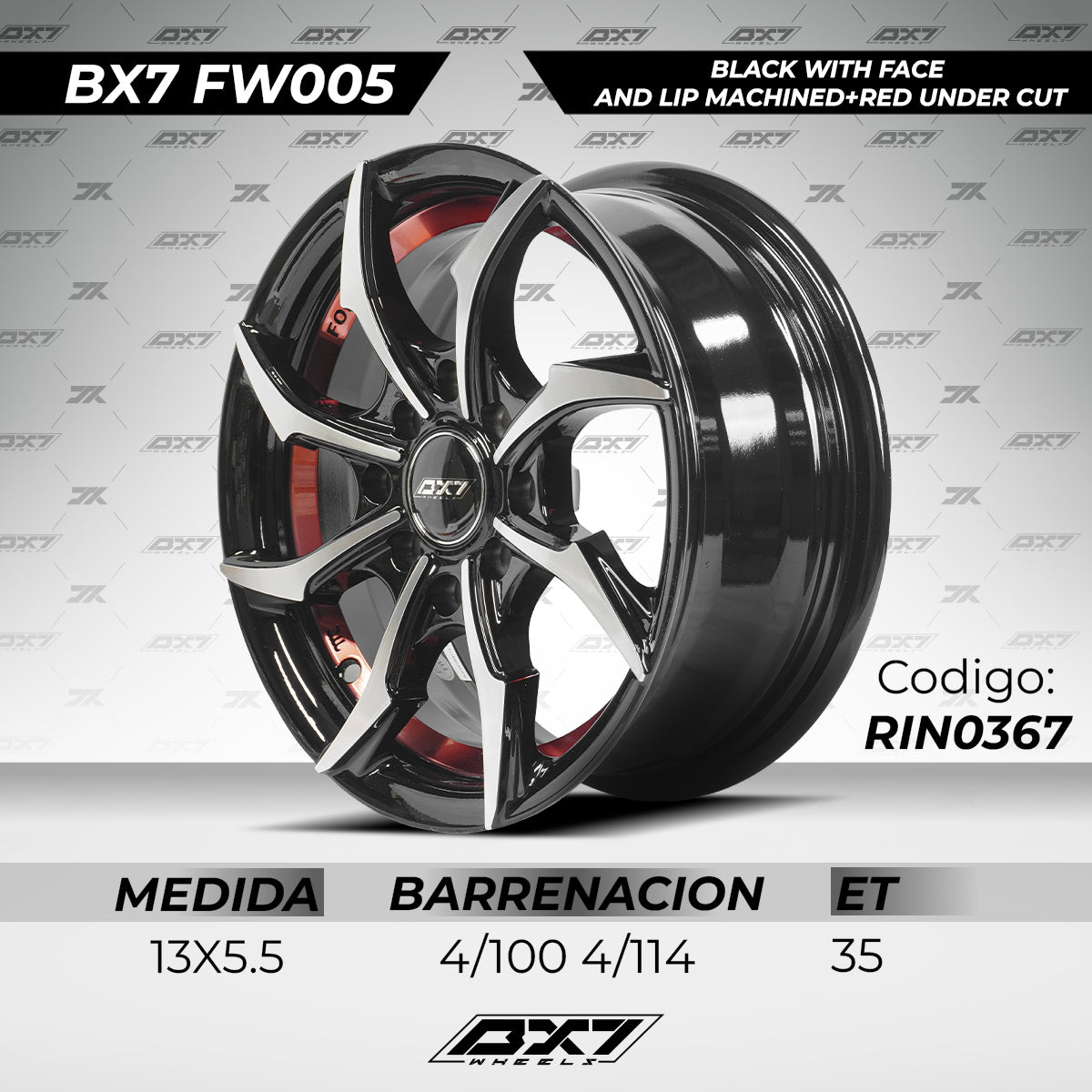 RINES BX7 FW0 13 4X100/114.3/ ET 35/ CB 73.1/ BLACK WITH FACE AND LIP MACHINED+RED UNDER CUT