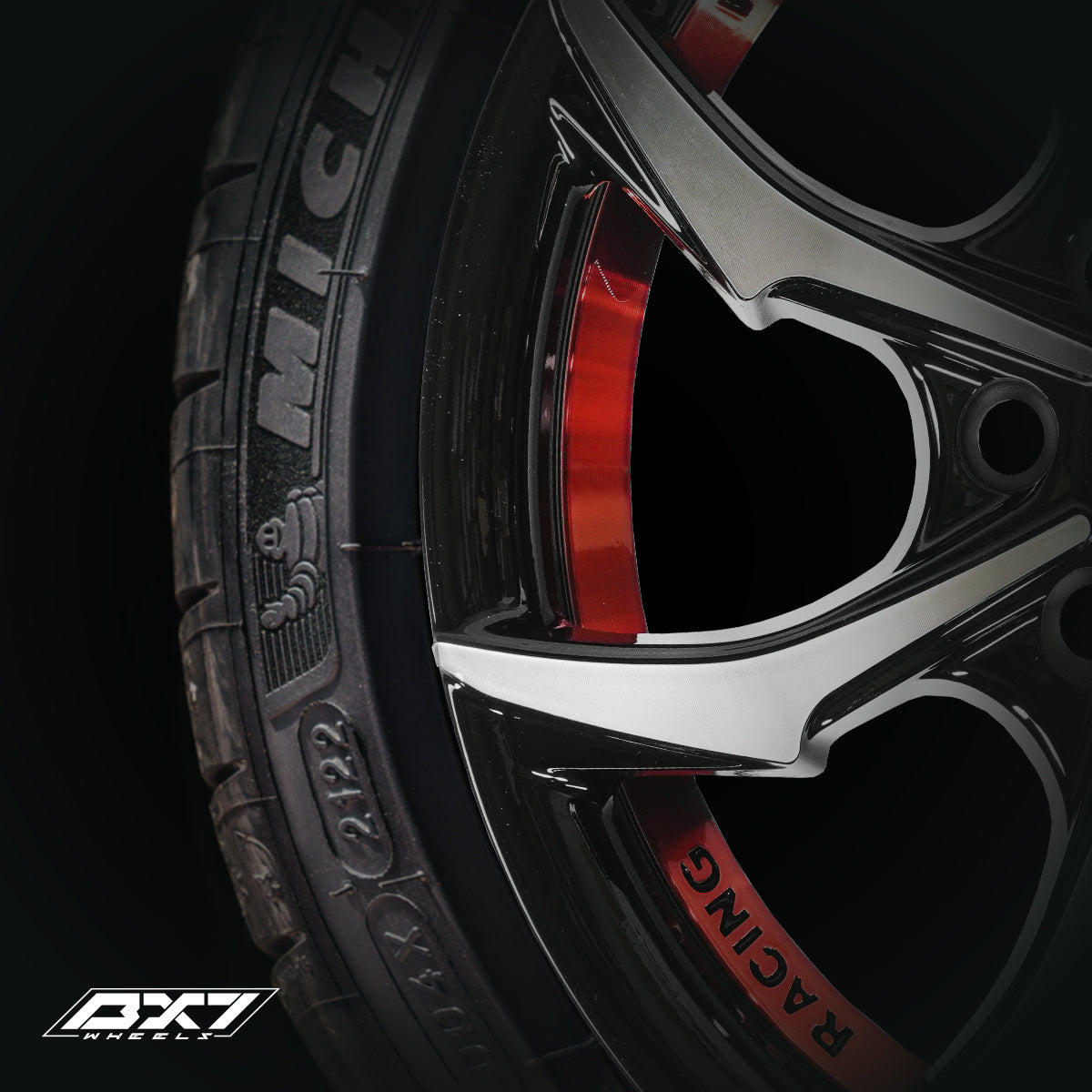 RINES BX7 FW0 13 4X100/114.3/ ET 35/ CB 73.1/ BLACK WITH FACE AND LIP MACHINED+RED UNDER CUT