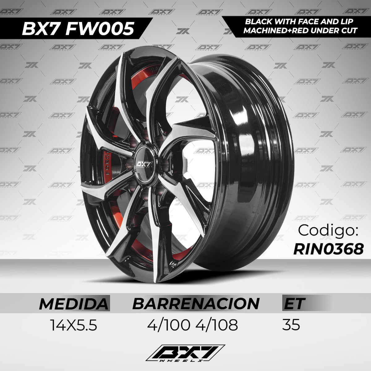 RINES BX7 FW0 14 4X100/108 ET 35/ CB 73.1/ BLACK WITH FACE AND LIP MACHINED+RED UNDER CUT