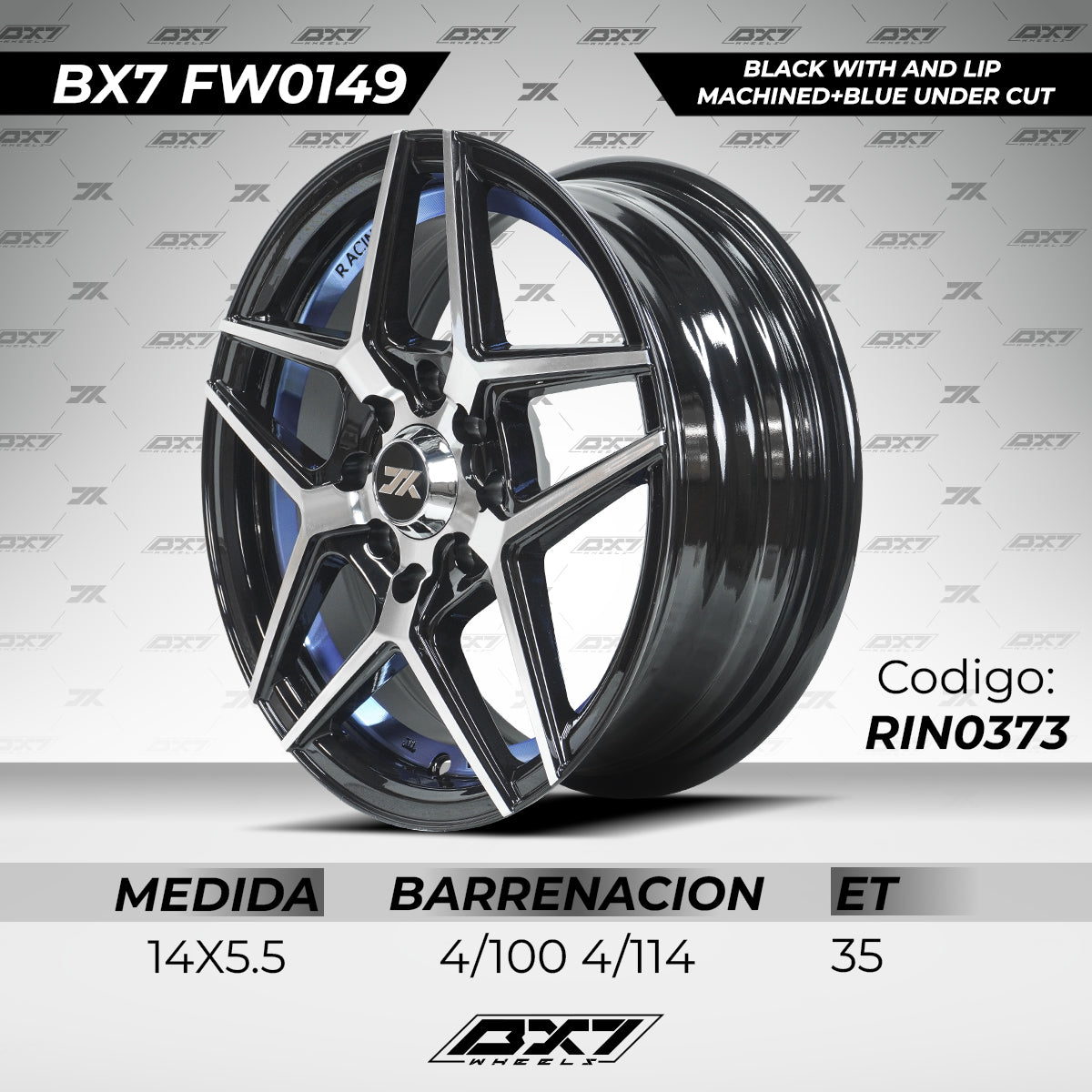RINES BX7 FW0 14 4X100/114.3/ ET 35/ CB 73.1/ BLACK WITH FACE AND LIP MACHINED+BLUE UNDER CUT