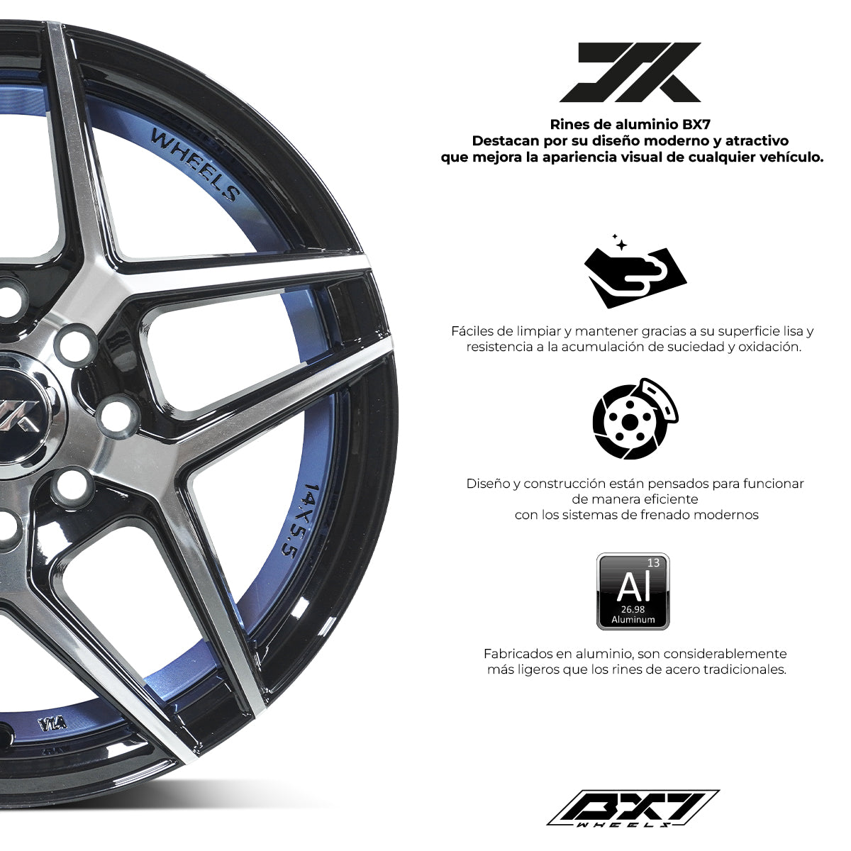 RINES BX7 FW0 14 4X100/114.3/ ET 35/ CB 73.1/ BLACK WITH FACE AND LIP MACHINED+BLUE UNDER CUT