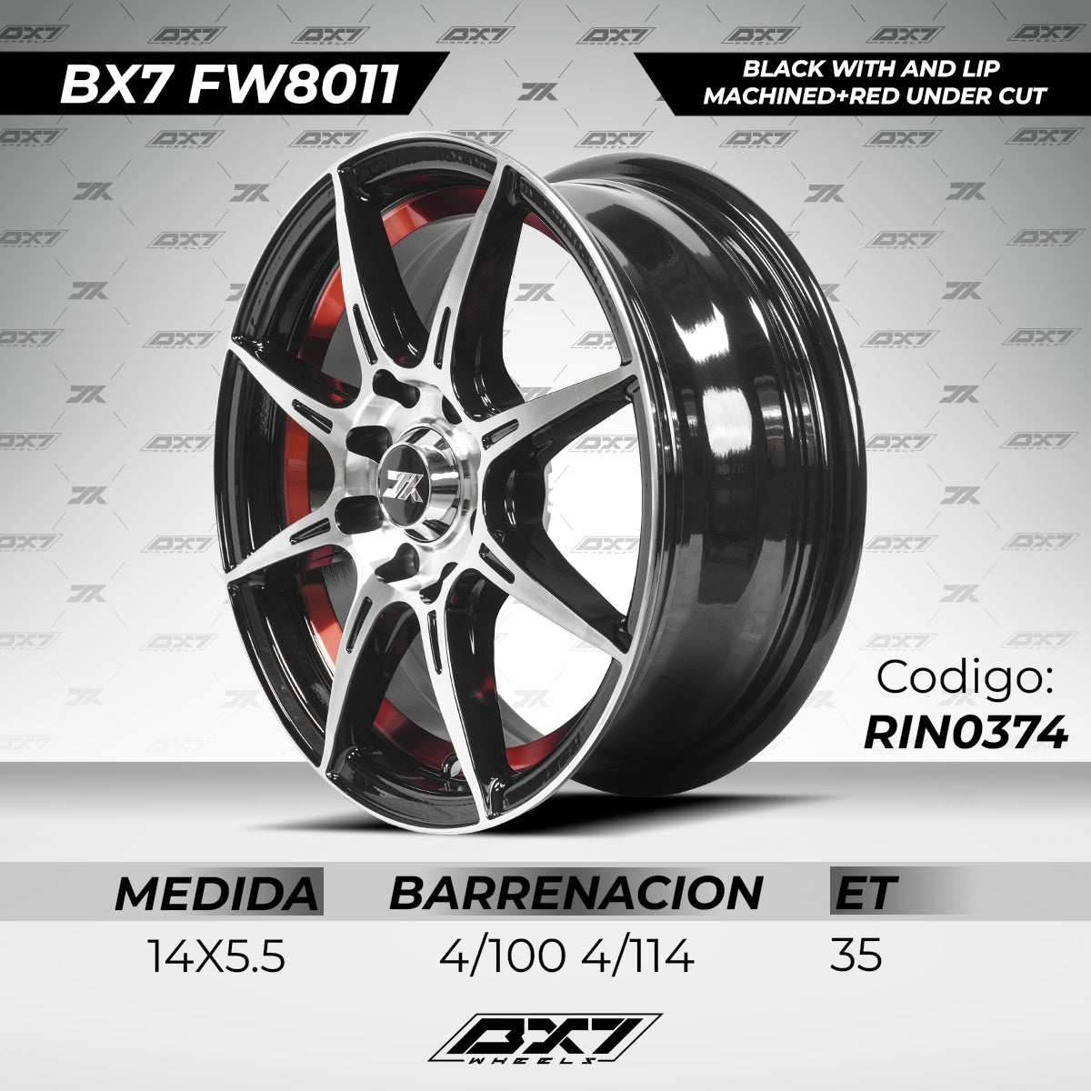 RINES BX7 FW8 14 4X100/114.3/ ET 35/ CB 73.1/ BLACK WITH FACE AND LIP MACHINED+RED UNDER CUT